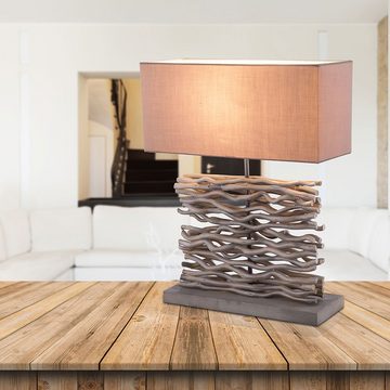 etc-shop Tischleuchte, Leuchtmittel nicht inklusive, Holz Design Tischlampe Textilschirm Nachtlicht Holzzweige geschwungen