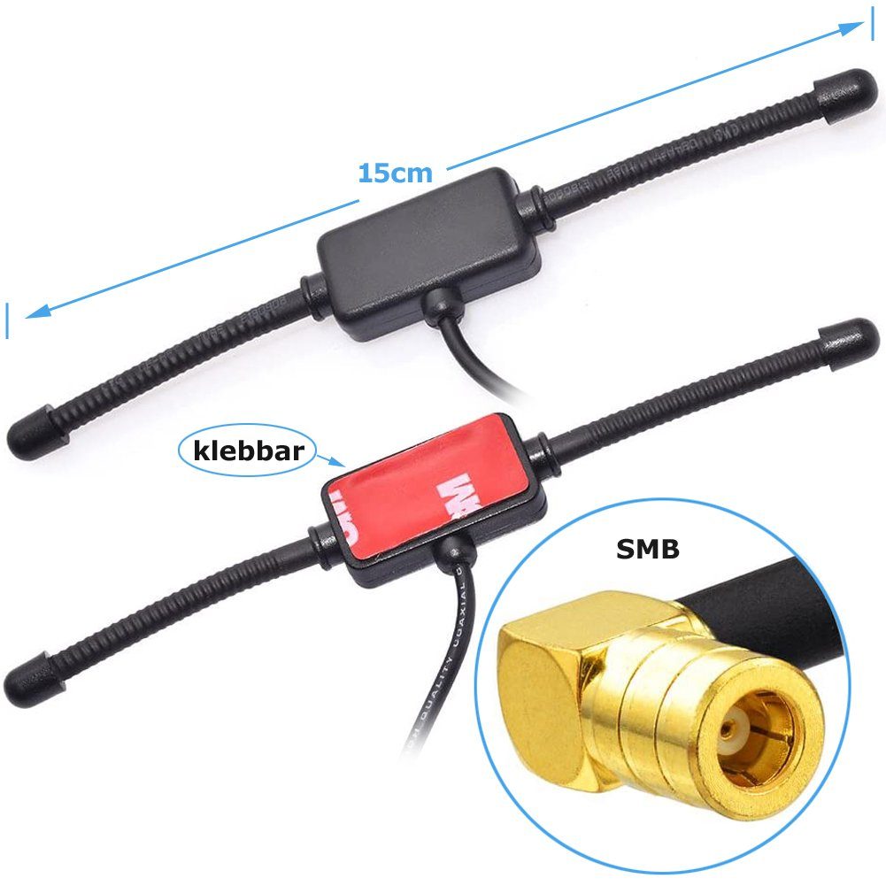 Bolwins Q62 DAB+ Scheiben Antenne SMB Adapter DAB Auto Radio Antenne Patch 3m Innenantenne (DAB+ Empfang, für Fahrzeug, Verstärkung: 4 dB), Selbstklebend, Elektronisch verstärkt