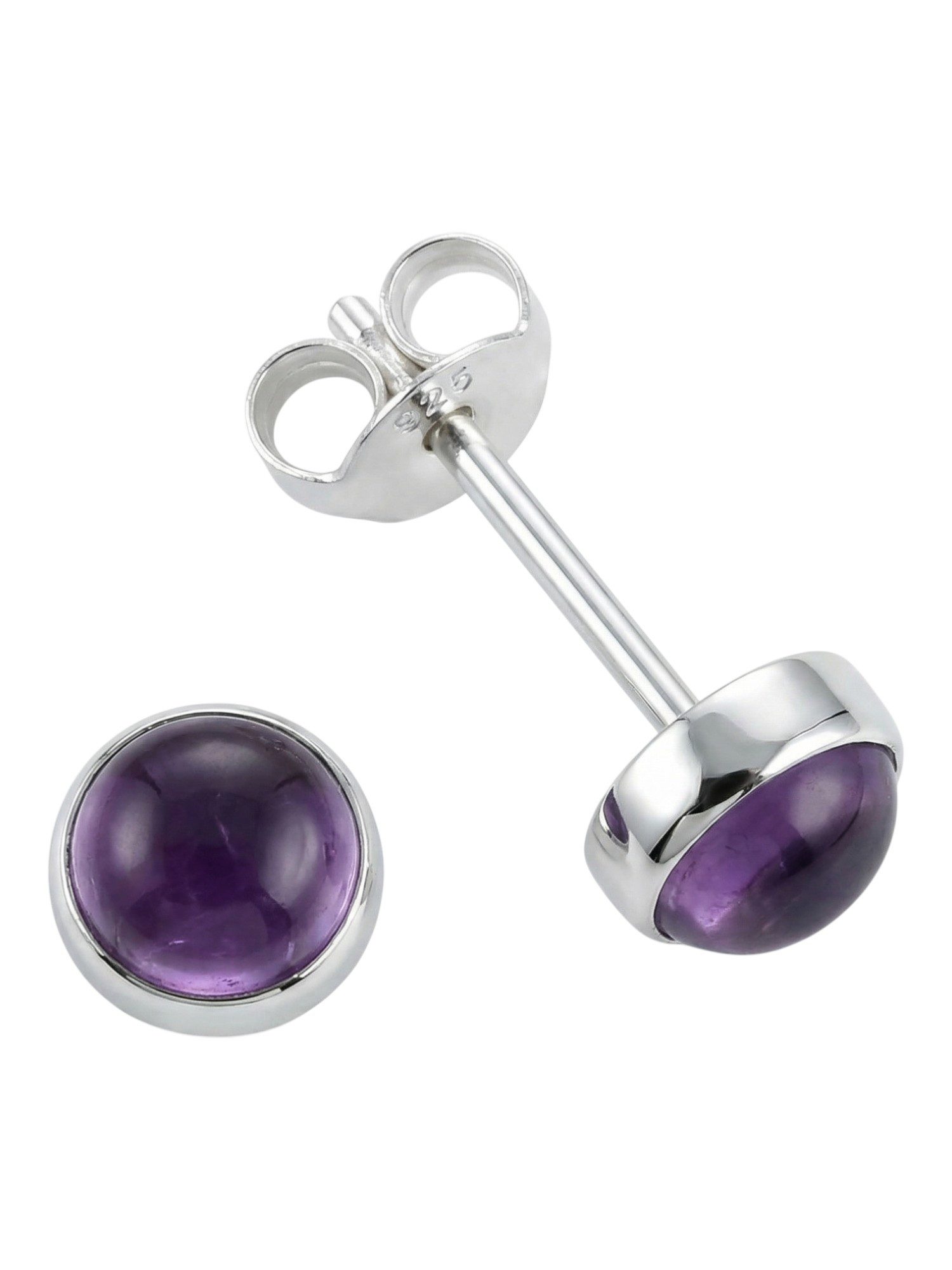 mantraroma Paar Ohrstecker SAMA rund klein aus 925 Silber mit Amethyst (Paar, Paar Ohrringe mit Schmuckbeutel), 925 Sterling Silber Ohrringe für Damen