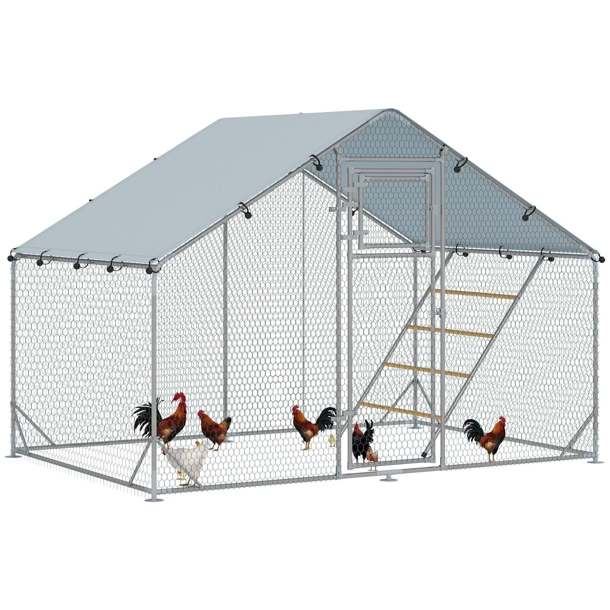 PawHut Hühnerstall 300 x 200 x 195 cm Hühnerkäfig mit UV-beständiger Abdeckung, für 6-8 Hühner, Kleintiere, Silber