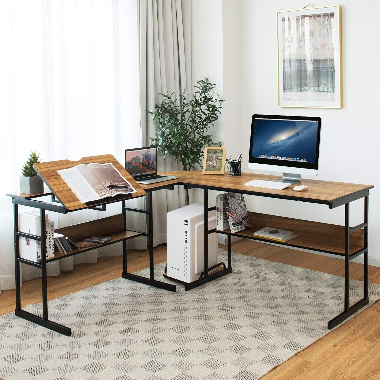 2 Eckschreibtisch Regalen in Walnuss mit Computertisch, L-Form, KOMFOTTEU