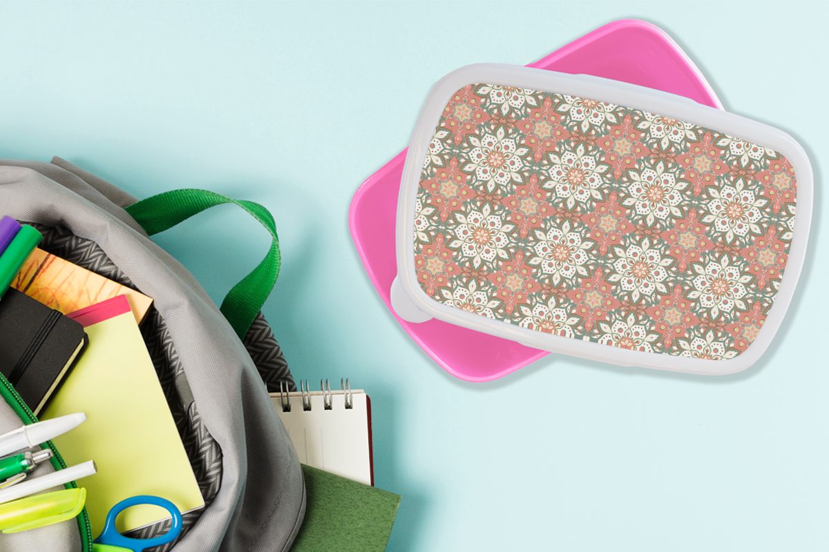 Kunststoff, Blumen - Snackbox, rosa - - für Erwachsene, Kunststoff Mandala Brotbox (2-tlg), Mädchen, MuchoWow Lunchbox Brotdose Kinder, Vintage Muster,