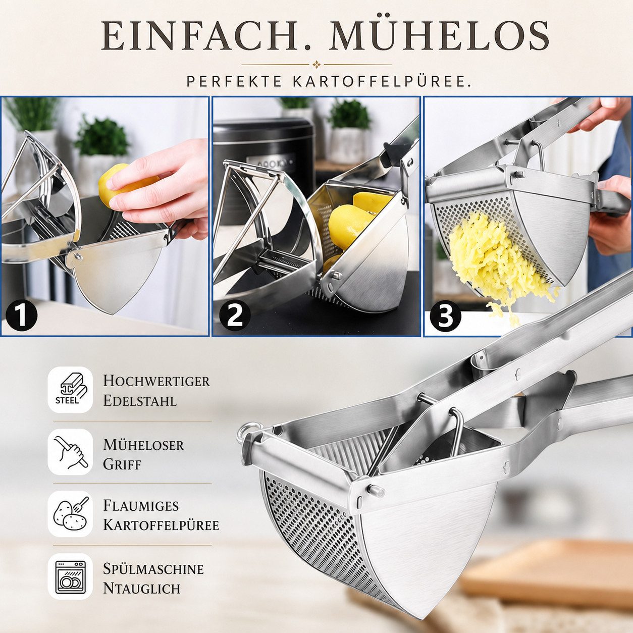GLIESE POWER Kartoffelpresse aus Edelstahl, Stampfer mit Kartoffelschneidmesser für Püree, Edelstahl, 30 cm Griff – mühelos & klumpenfrei für Kartoffeln & Gemüse.