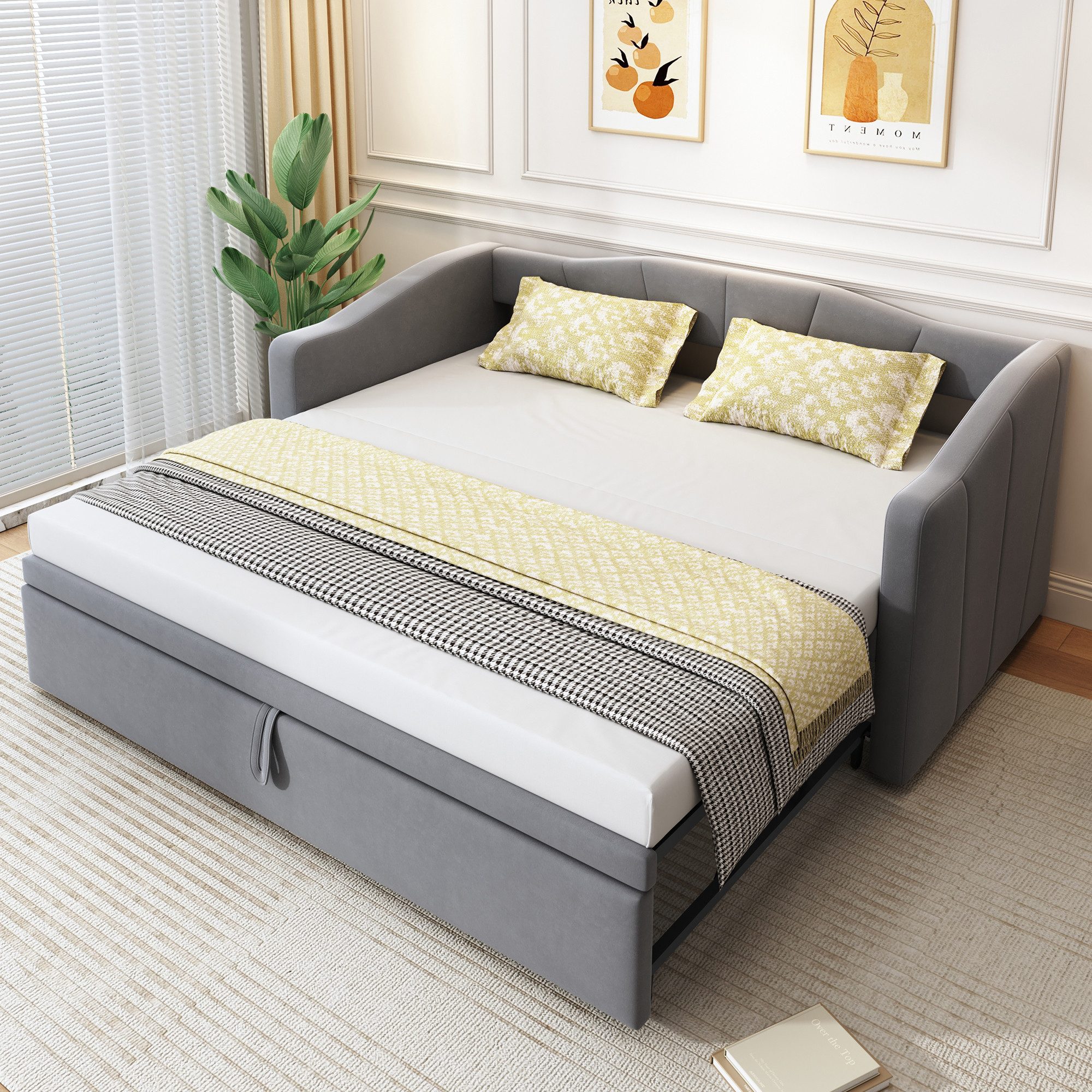 BlingBin Polsterbett Ausziehbares Schlafsofa Einzelbett Doppelbett Funktionsbett (Jugendbett mit Lattenrosten, Kinderbett, 1-tlg., 90/180*200 cm, Ohne Matratze, Gewichtskapazität: 120kg), Multifunktionsbett für Schlafzimmer, Hautfreundlichem Samtstoff, Grau