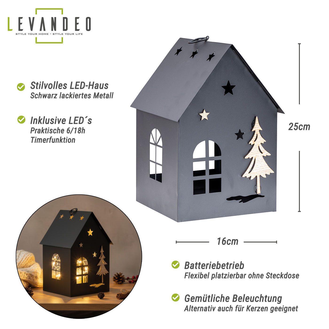 Levandeo® Kerzenlaterne, LED Laterne Haus H25cm günstig online kaufen