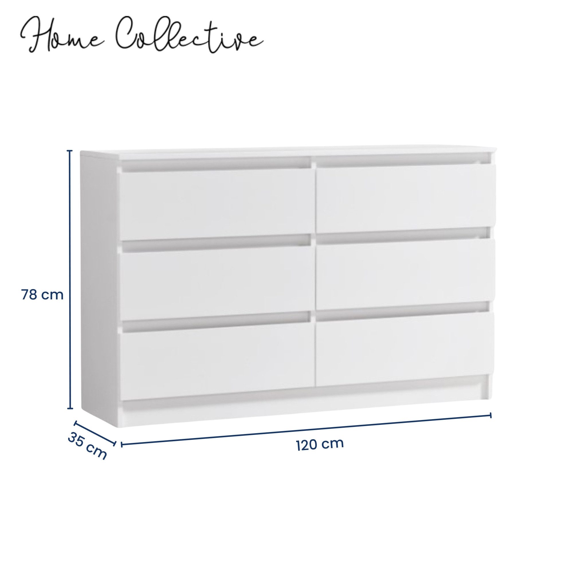 Home Collective Kommode mit 6 Schubladen 95, 120, 140, 160 cm breit Holz Schrank (Highboard Anrichte Schlafzimmer Wohnzimmer Flur Büro Organizer), Kommode 120 cm breit Kommode Sideboard, Weiß