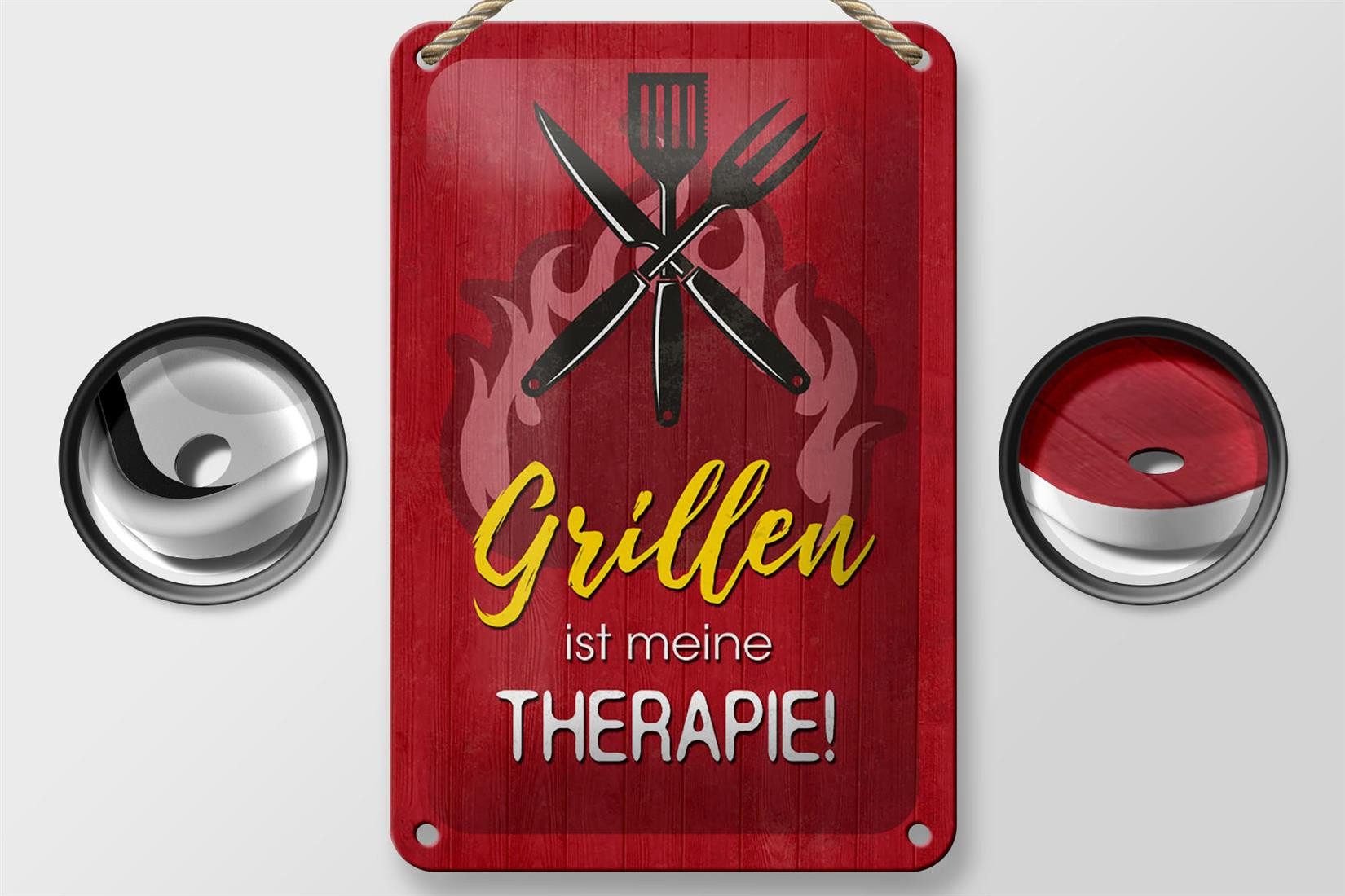 Femer GmbH Metallschild Spruch 12x18cm Grillen ist meine Therapie, (1 St), gewölbte Oberfläche, abgerundete Ecken, umgeschlagene Kanten