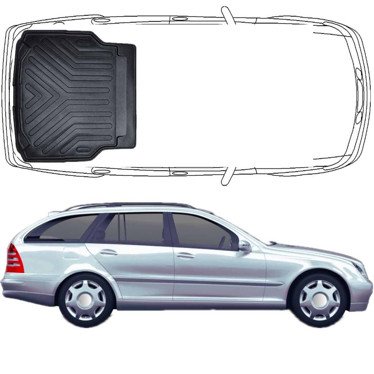 Trimak Auto-Fußmatten Oder Kofferraumwanne Oder Set kompatibel mit Mercedes C Klasse, Mercedes C Klasse W203 T-Modell 2000-2007 Kofferraumwanne TPE