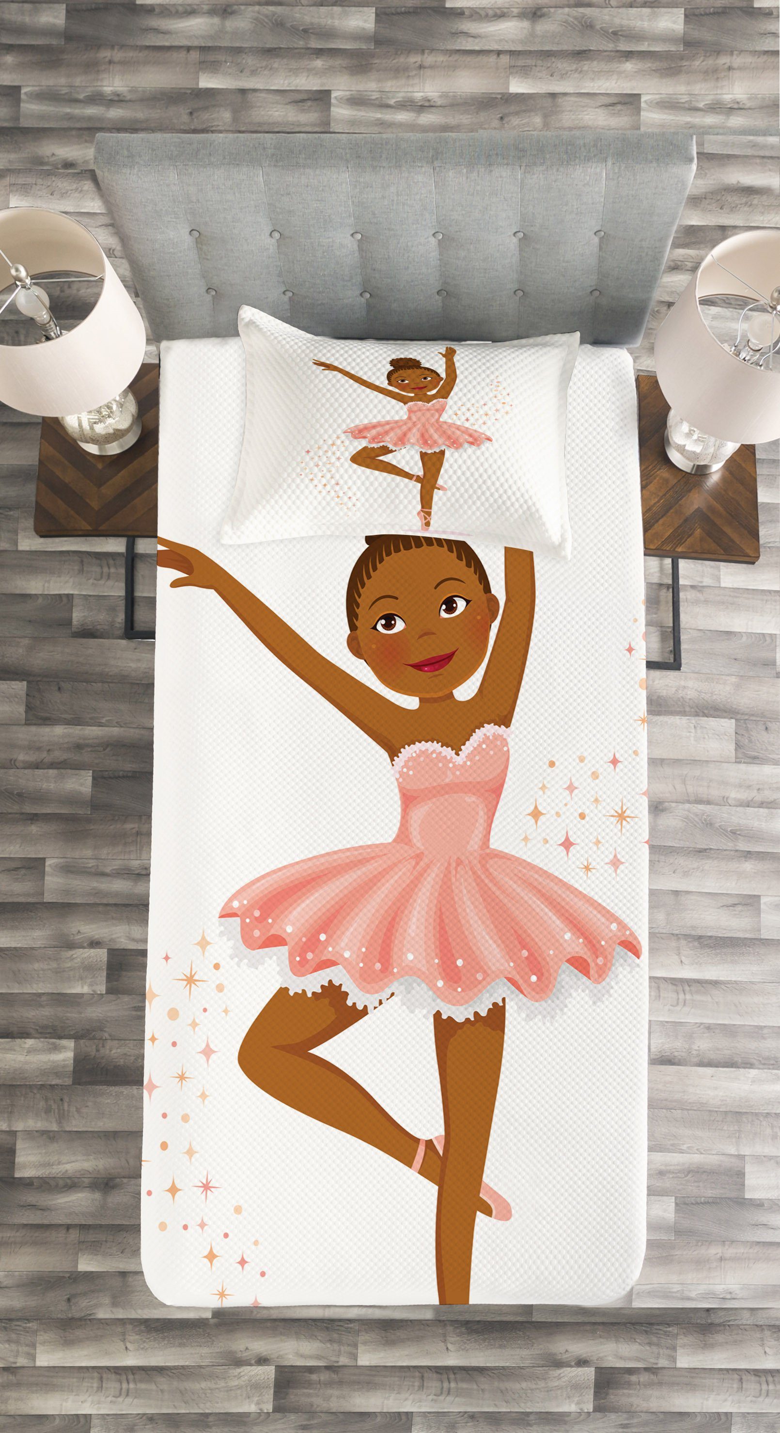 Tagesdecke Set mit Kissenbezügen Ballerina-Tanzen Kinder Retro Waschbar, für Abakuhaus