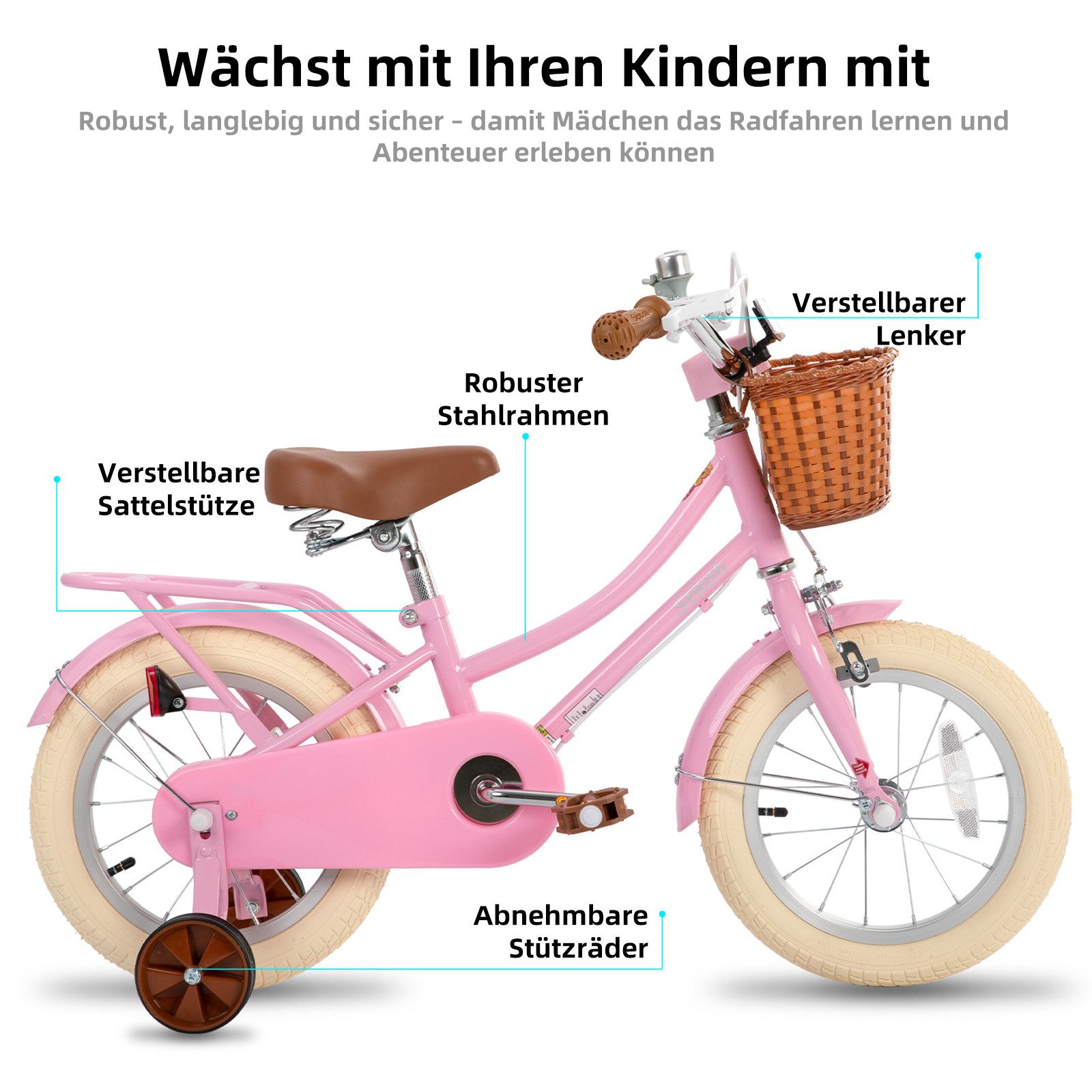 JOYSTAR Kinderfahrrad 12 14 16 18 Zoll fahrrad für 2-9 Jahre alte Mädchen & Jungen, mit Kotflügel, Stützrädern, Korb, Gepäckträger, Kettenabdeckung