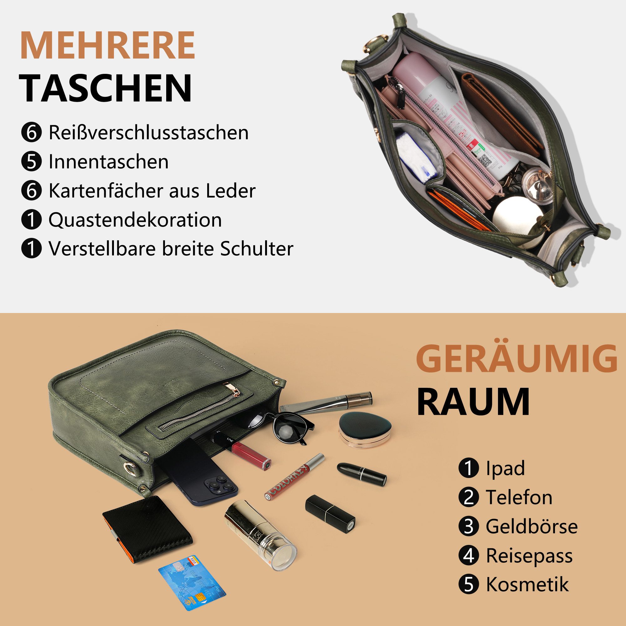 TAN.TOMI Umhängetasche Damen Handtasche mittelgroß Crossbody Bag multi pochette tasche, Damenhandtasche mit Verstellbar Breitem Schultergurt