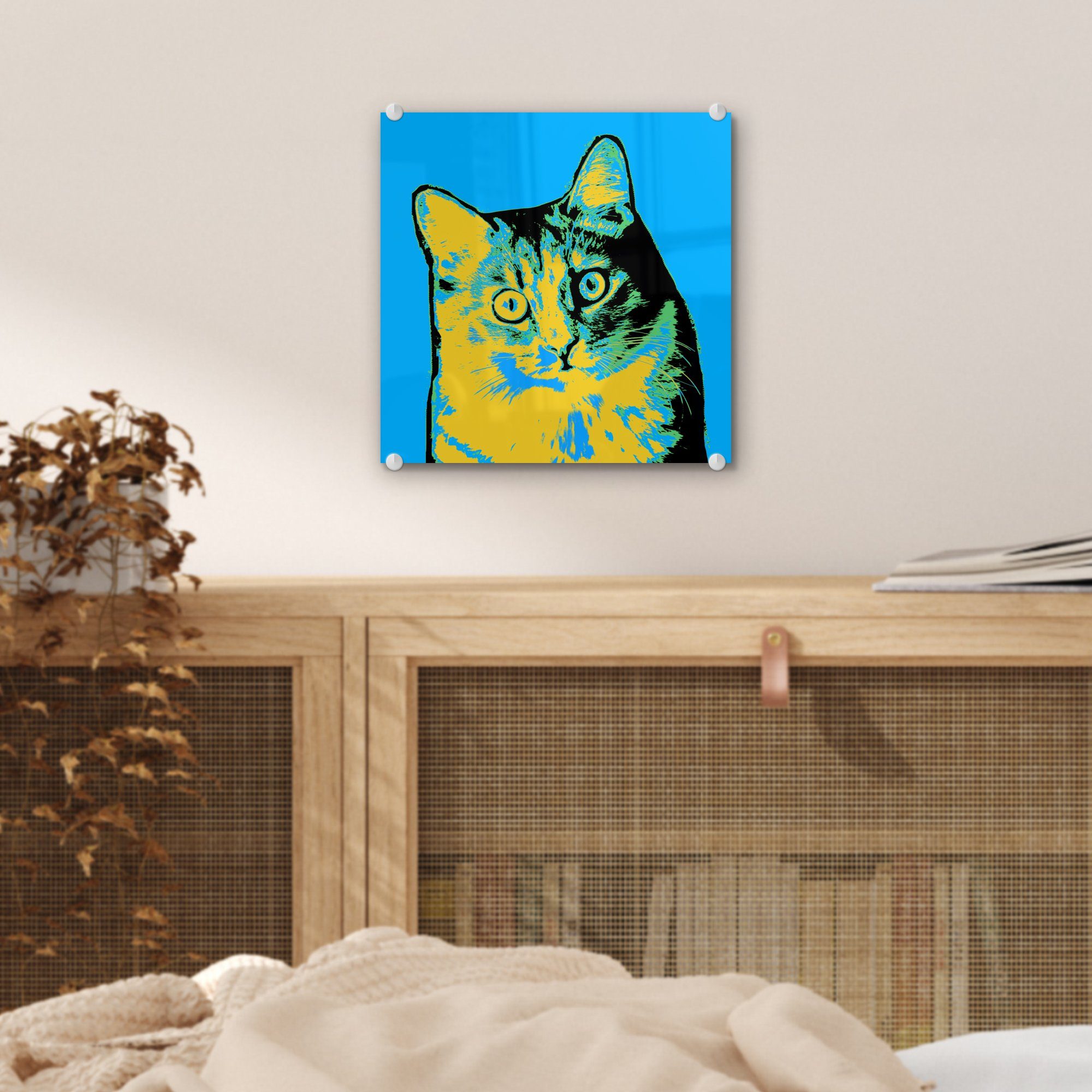 Wandbild Glas - auf Bilder Popart (1 Glas Acrylglasbild Glasbilder MuchoWow - auf - Foto St), Wanddekoration Katze,