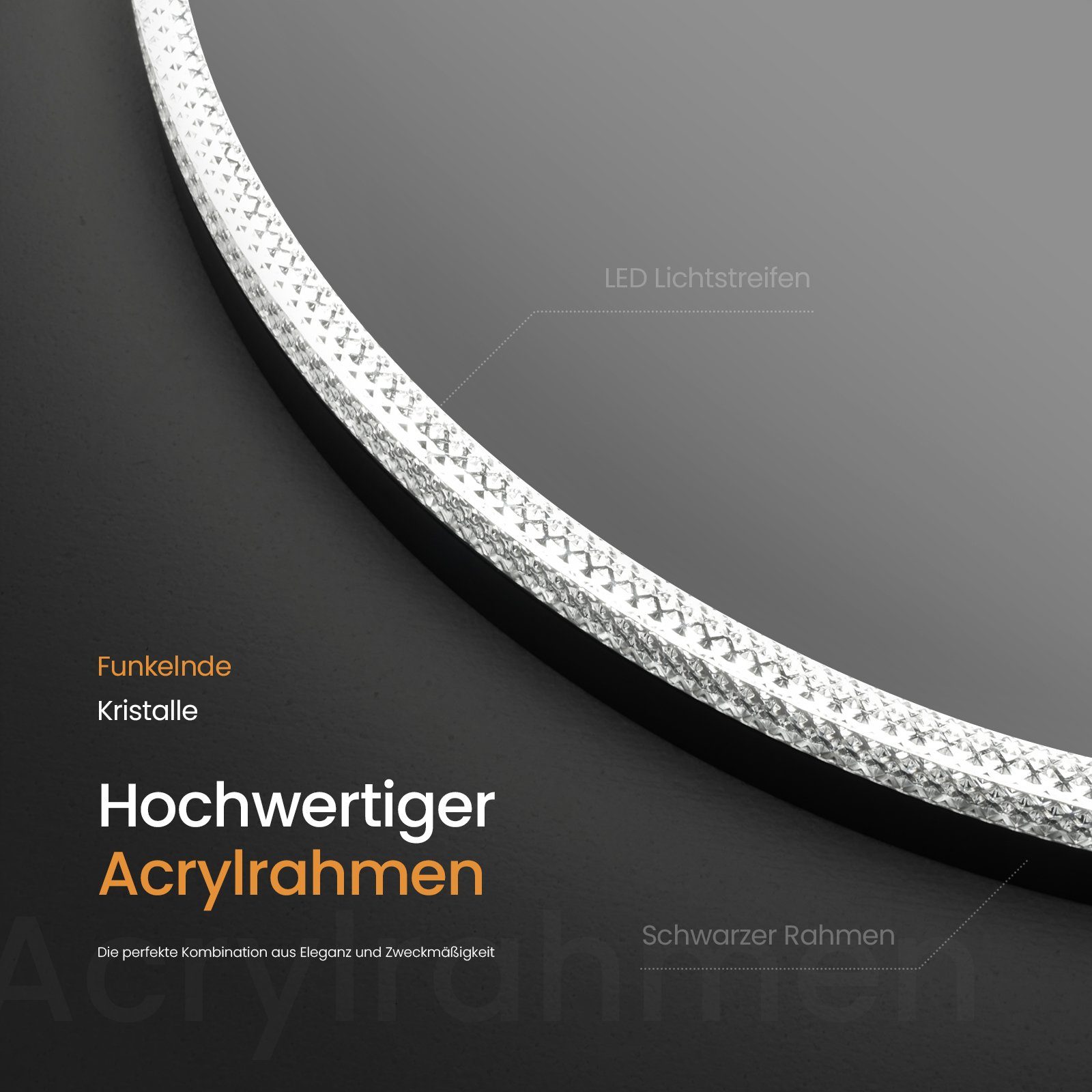 EMKE Badspiegel 60 cm LED Badezimmerspiegel 3 Lichtfarben Crystal-like Rahmen (Meisterglanz Serie), Wandspiegel mit Touch, Antibeschlage,Dimmbar, Memory-Funktion