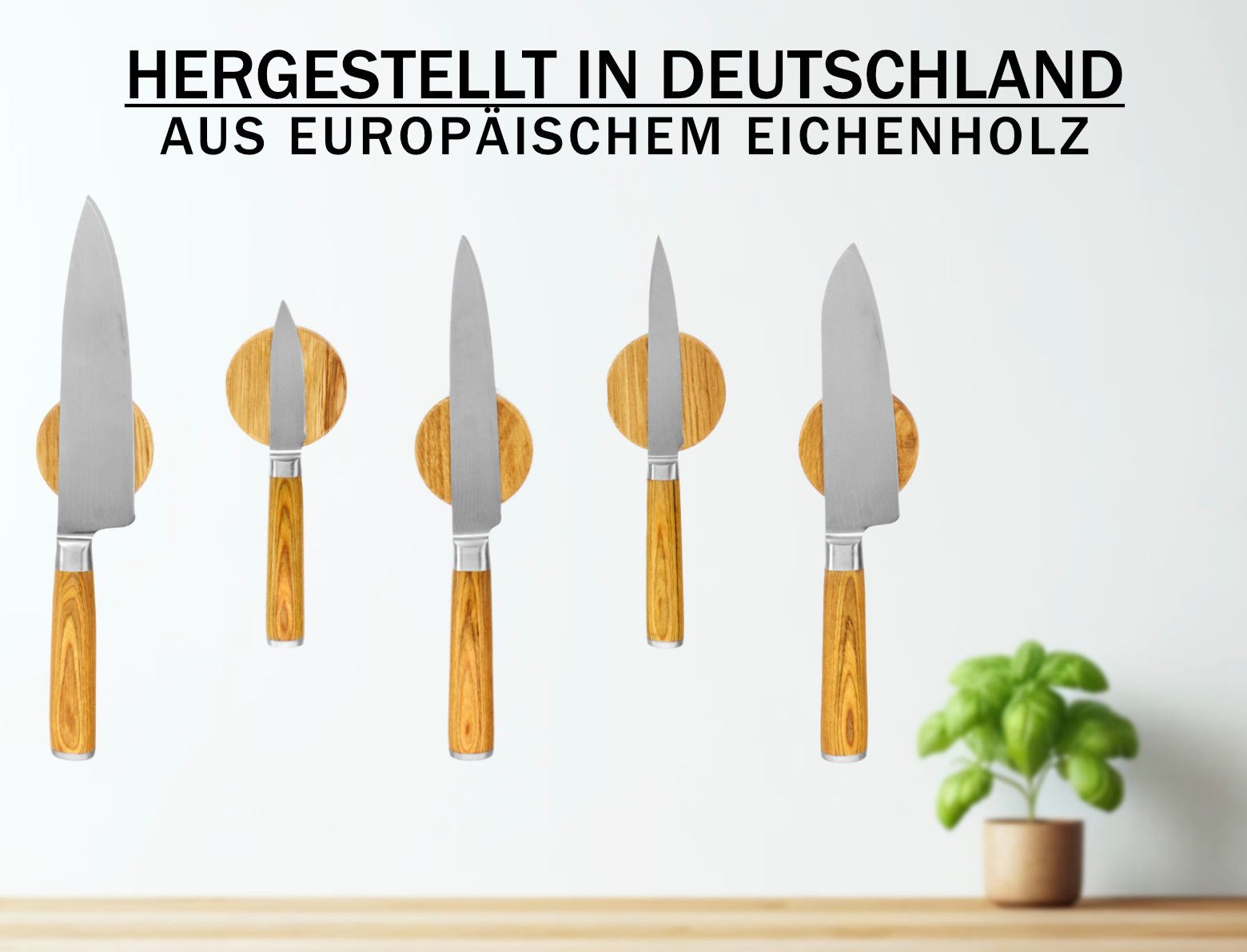 Kernholz Wand-Magnet Messerhalter aus massiven Eichenholz (5tlg), Hergestellt in Deutschland