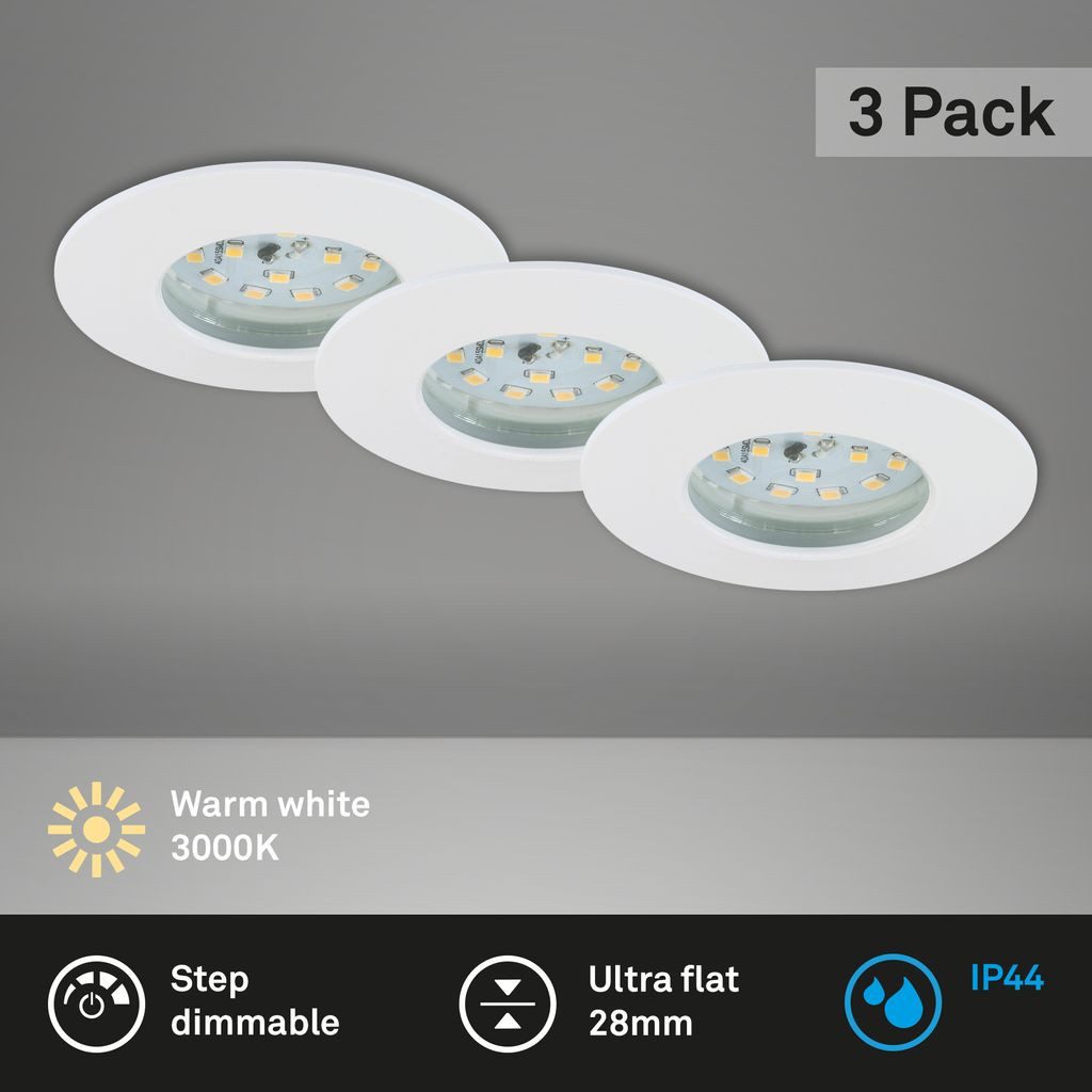 Briloner Leuchten LED Einbaustrahler 7295-036, Dimmfunktion, LED fest integriert, 2700K - Extra-Warmweiß, Einbauleuchte 3er SET für Bad - dimmbar IP44 Ø 7,5cm