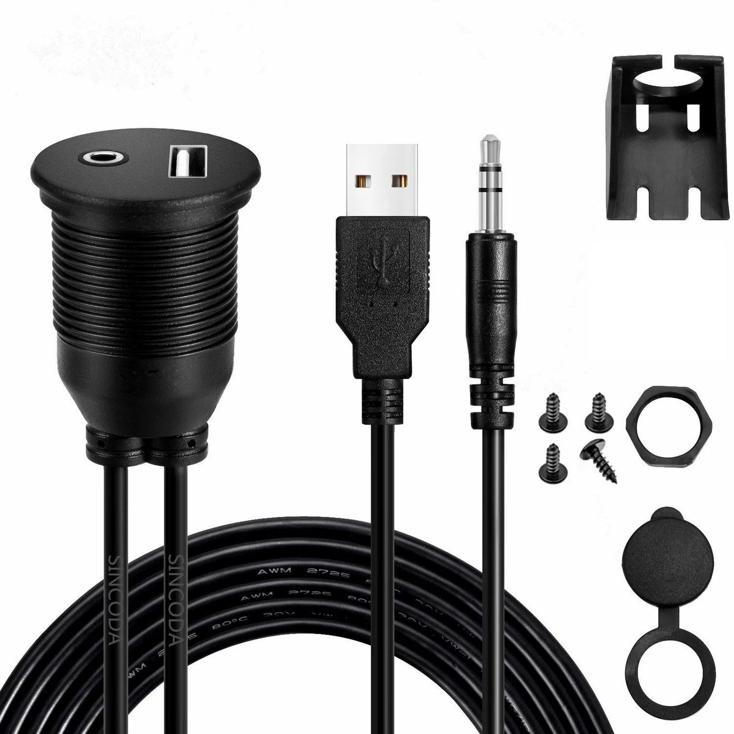 Bolwins Q74C Auto Armaturenbrett Verlängerungskabel 3,5 mm AUX + USB 2.0 (M/F) USB-Kabel, 3.5mm Klinkenstecker, USB 2.0 Typ A Stecker, 3.5mm Klinkenbuchse, USB 2.0 Typ A Buchse (100 cm), Für Auto-Dashboard-Einbau, wasserdichte Abdeckung