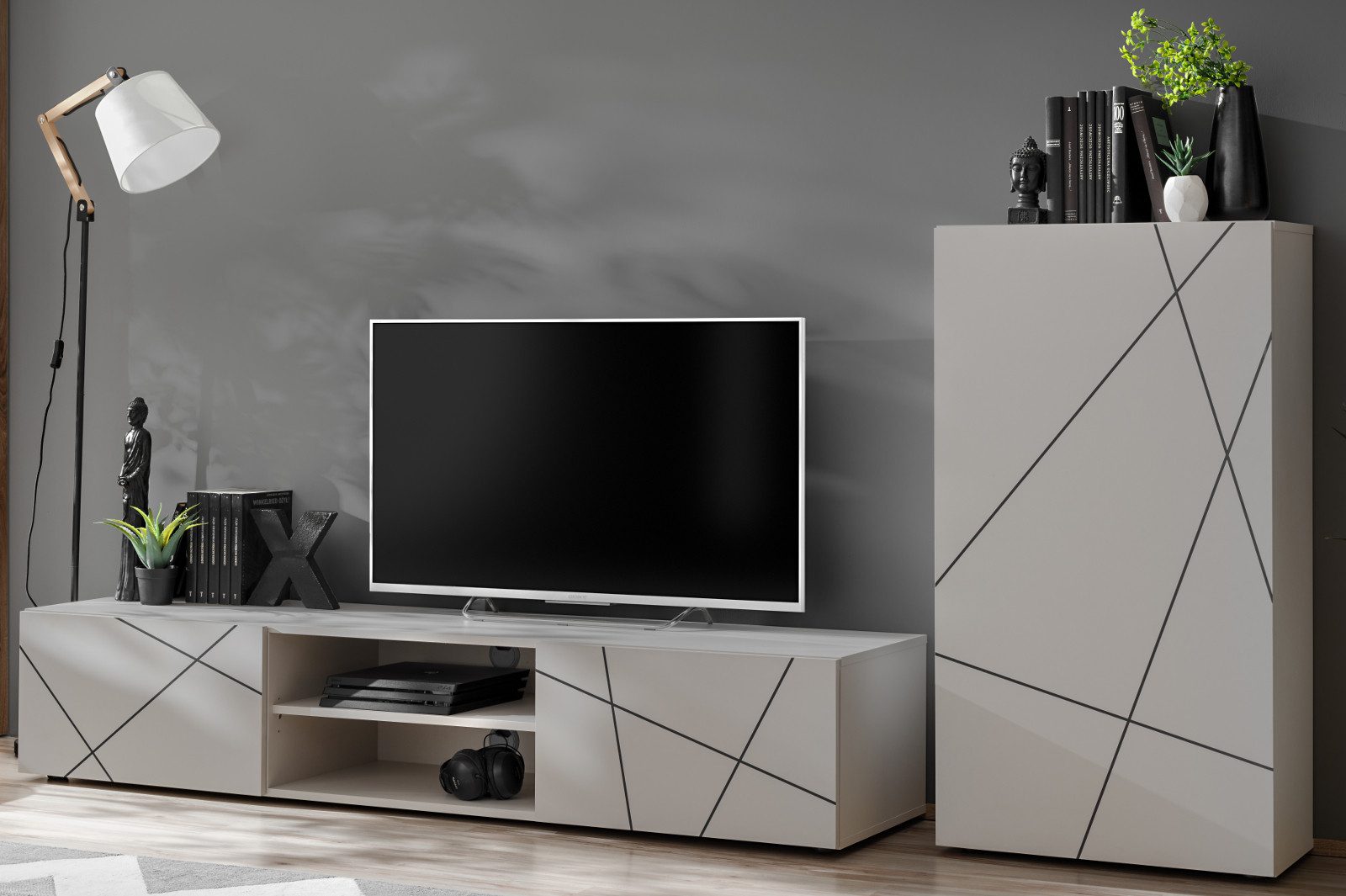 Inn.Furn Wohnwand Metrik, (2-teiliges Set In Kaschmir mit Schwarz, TV-Lowboard und Stand-/Hängeschrank), mit Push-To-Open und Soft-Close