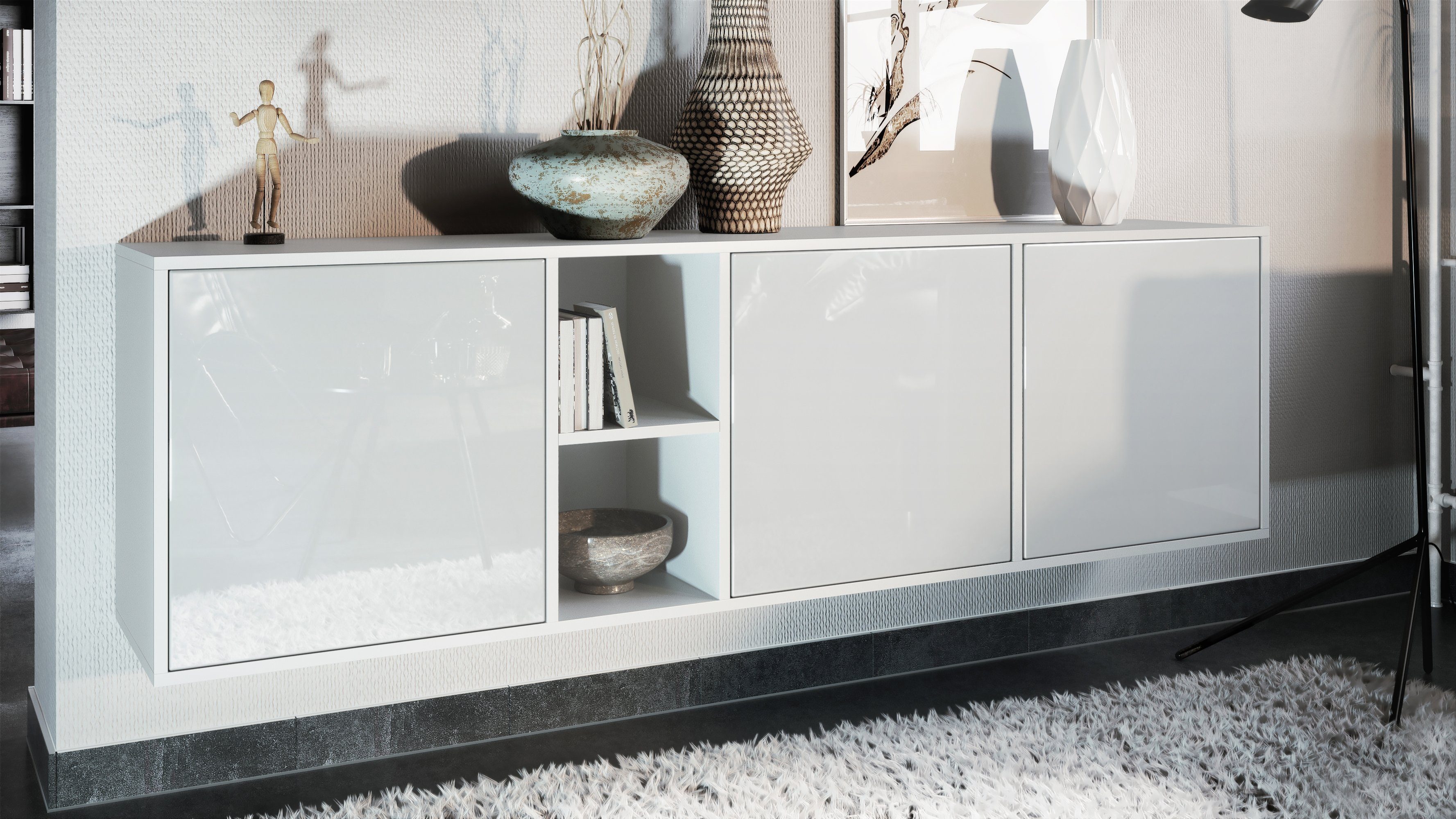 Vladon Sideboard Cuba (Kommode, mit 3 Türen und 2 offene Fächer), Weiß matt/Weiß Hochglanz (182 x 53 x 35 cm)