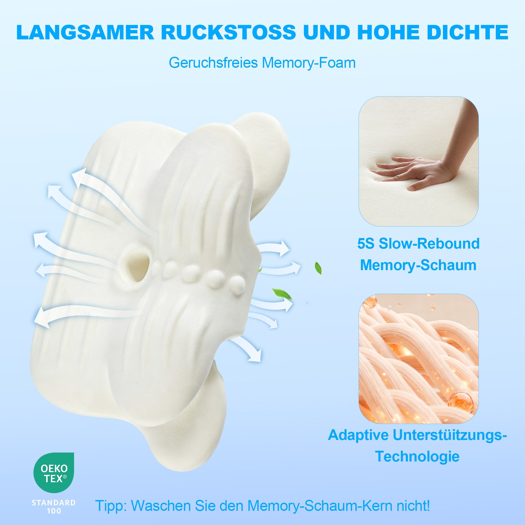 ibettertec Nackenstützkissen Nackenkissen Kopfkissen, Memory Foam Kissen, Stabile Nackenstütze, Füllung: Memory- & Polyetherschaum, Seitenschläfer, Bauchschläfer, Rückenschläfer, Ergonomisches Kissen mit individueller Höhenanpassung, Kühlendes Nackenstützkissen, 4D-Luftzirkulationsstruktur