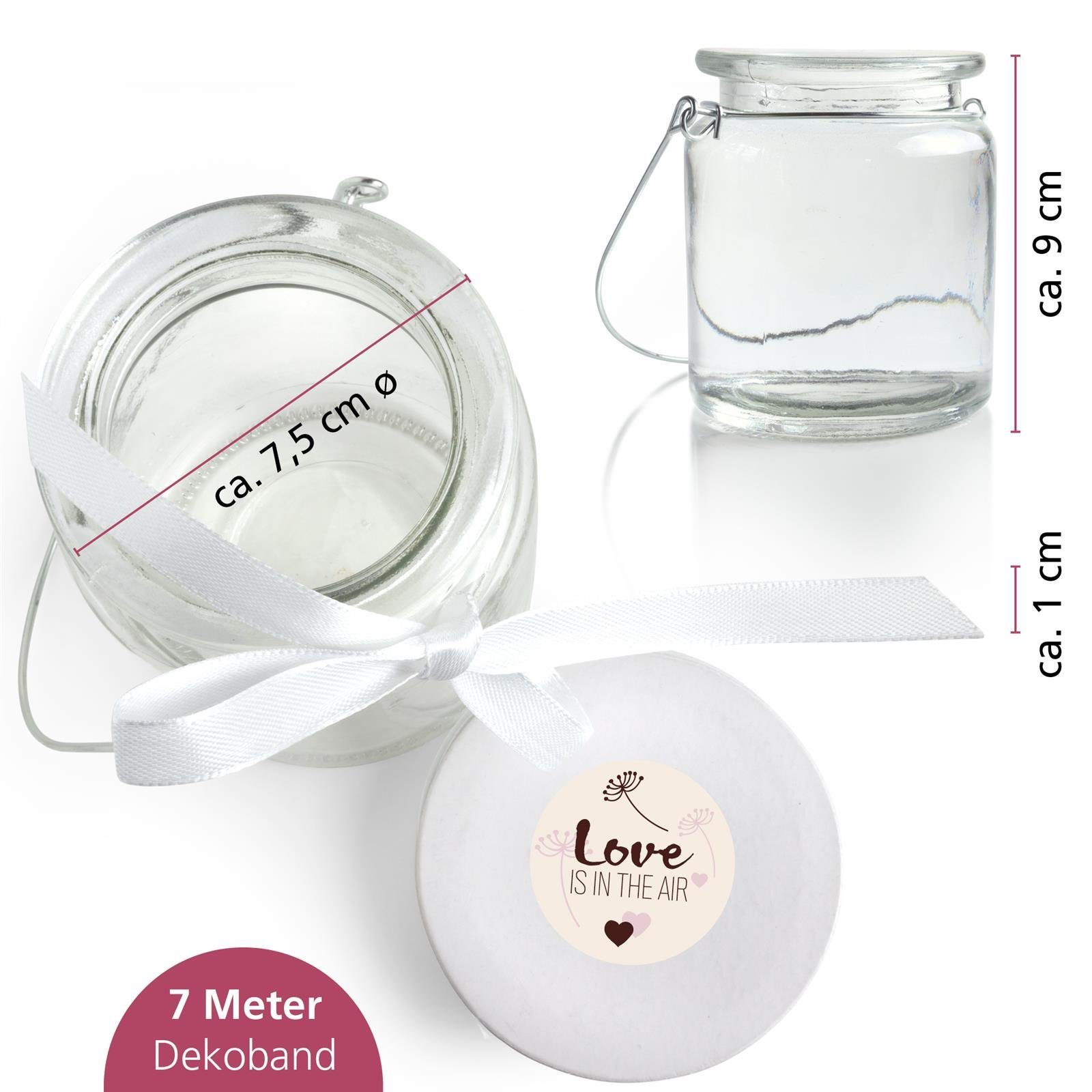 WeddingTree Windlicht 6x Windlicht Glas (6er Set), mit Bügel und Dekoband weiß - Teelichtgläser - Einfach Abnehmbarer Metallbügel - Deko für Hochzeit