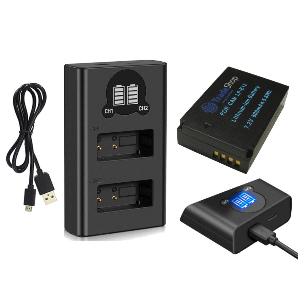 Trade-Shop 2in1 Set passend für Canon PowerShot SX70 HS LP-E12 LPE12 Ladegerät + Kamera-Akku Li-Ion 800 mAh (7,4 V), Mit Micro-USB und USB-C