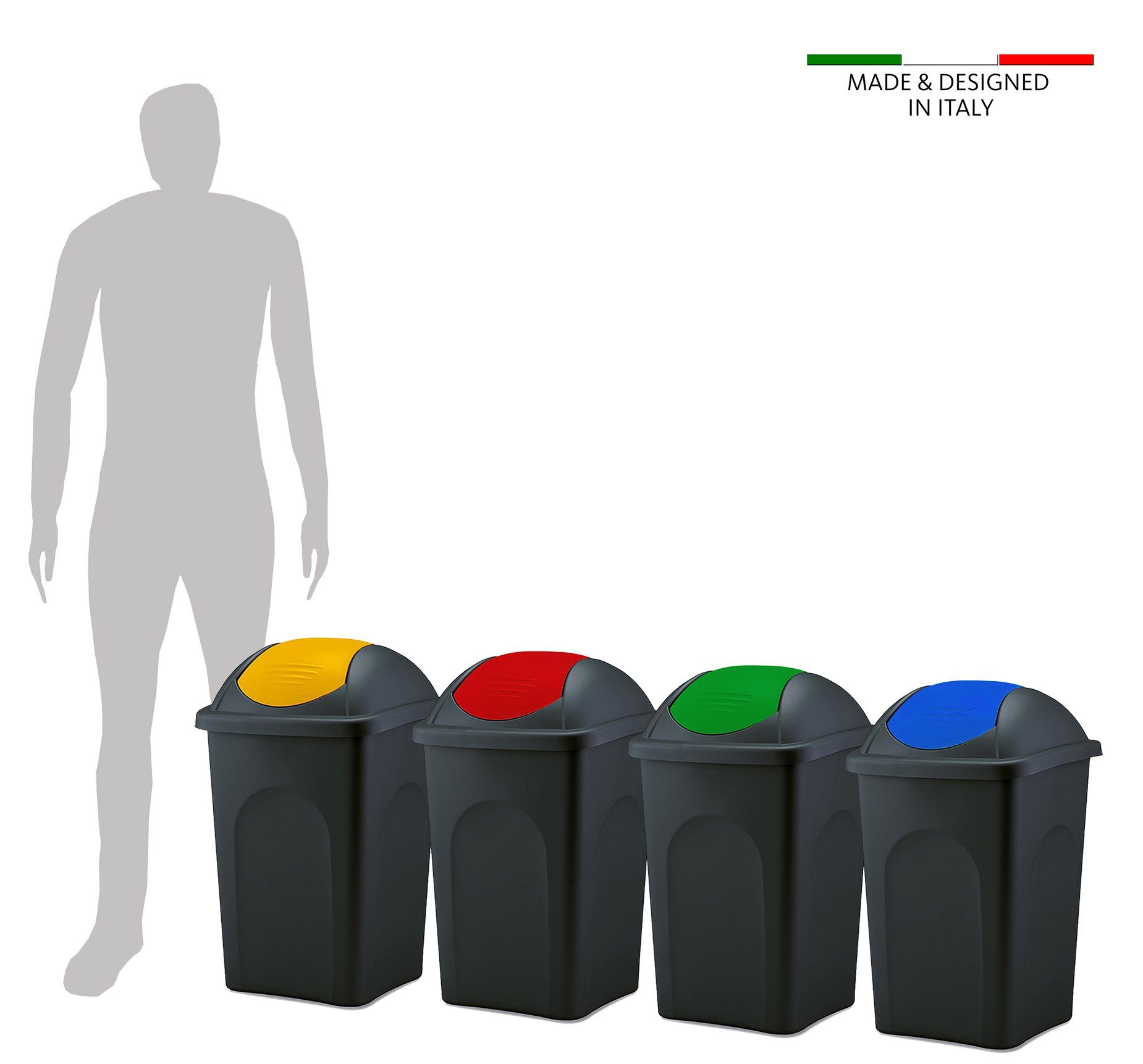 BigDean Mülleimer 3x 60L schwarz Schwingdeckel blau gelb grün Abfalleimer Mülltonne, XL Mülleimer, Schwingdeckel, 60L, Dezente Optik – Bild 3 von 5