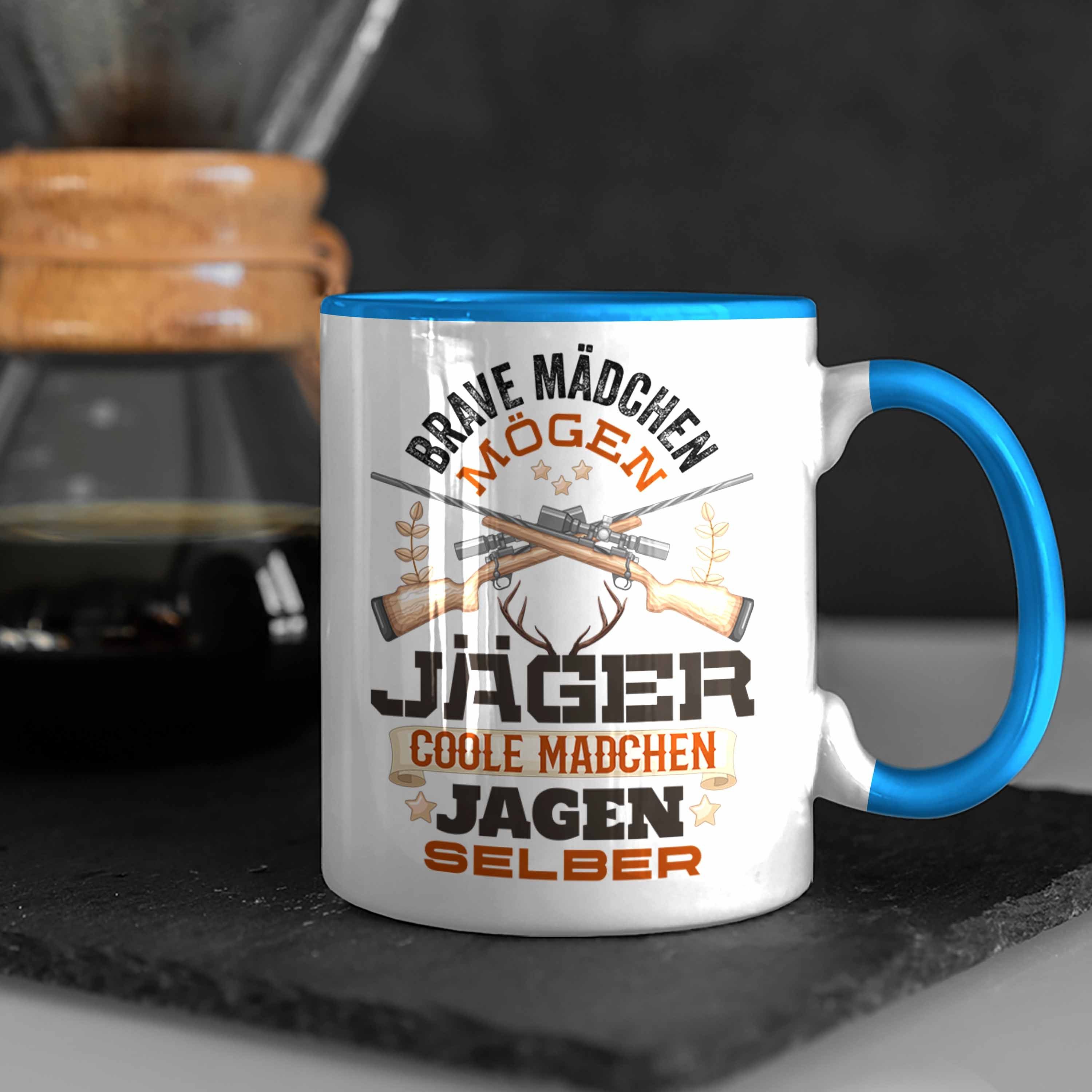 Trendation Tasse Mädchen Blau Jägerin Jagen Geschenk Spruch Tasse Frauen