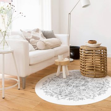 Teppich Vinyl Wohnzimmer Schlafzimmer Flur Küche Mandala modern, Bilderdepot24, rund - schwarz weiß glatt, nass wischbar (Küche, Tierhaare) - Saugroboter & Bodenheizung geeignet