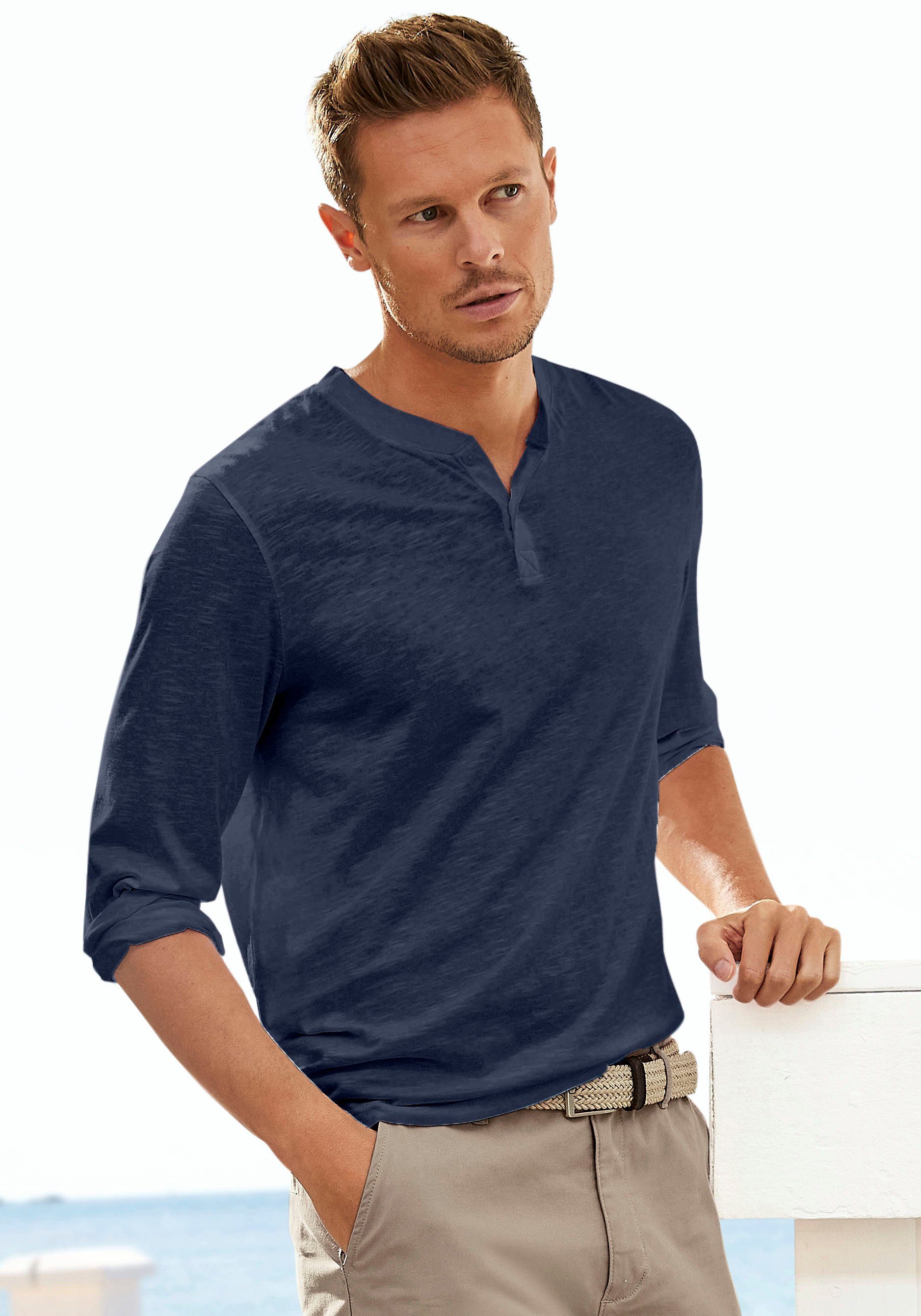 H.I.S Henleyshirt Langarm, Shirt mit Knopfleiste aus strukturierter Baumwoll-Qualität
