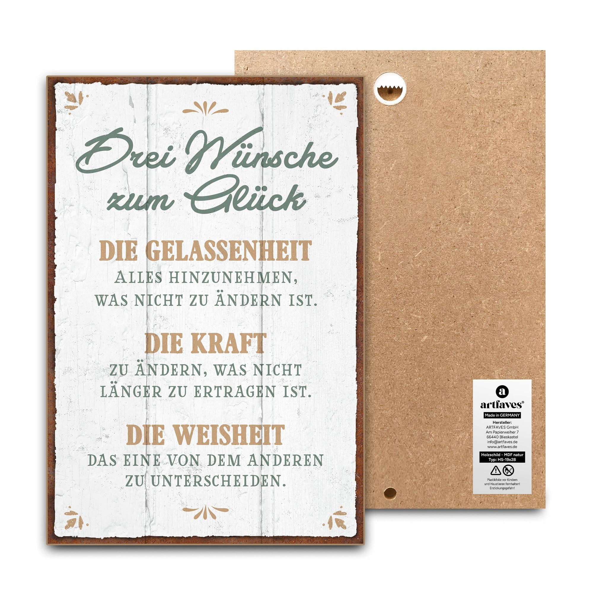 ARTFAVES Holzbild Schild mit Spruch - Drei Wünsche zum Glück - Glücklichsein, Achtsamkei