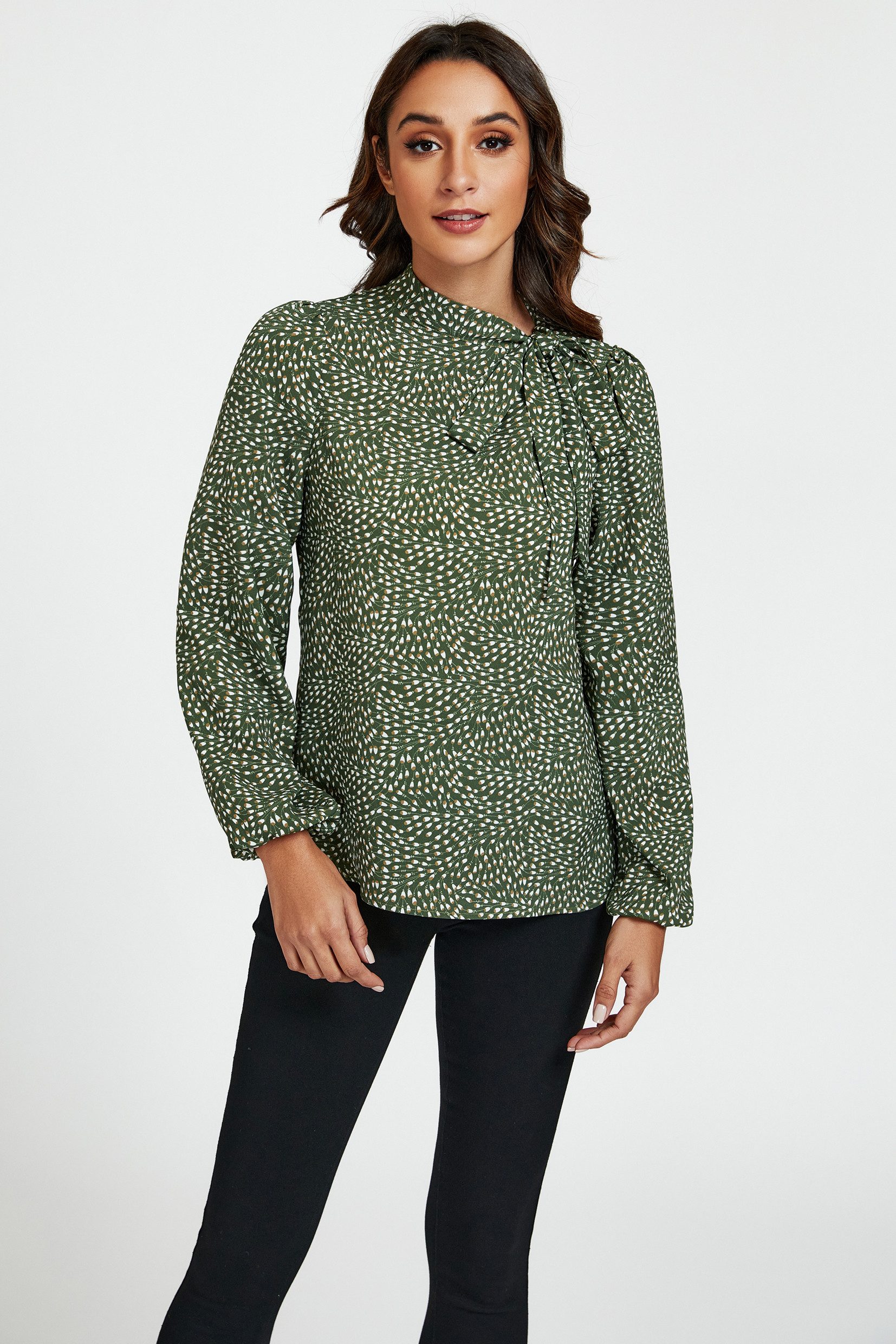 FS Collection Langarmbluse Damen Bluse - Blusenoberteil mit Geoprint und seitlicher Bindeschleif (XS (UK 8 / EU 36) S (UK 10 / EU 38) M (UK 12 / EU 40) L (UK 14 / EU 42) XL (UK 16 / EU 44), 4 Farben : Grüngeo, Blaugeo, Olivegeo und Winegeo) Leicht, Glatt, Atmungsaktiv und Formbeständig
