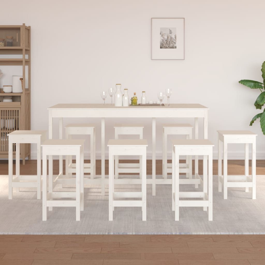 furnicato Bargruppe Bar-Set aus massivem Kiefernholz, 180 x 80 x 110 cm, Weiß, (1-tlg), Sitzgruppe mit 8 Hockern ohne Lehne und platzsparender Funktion