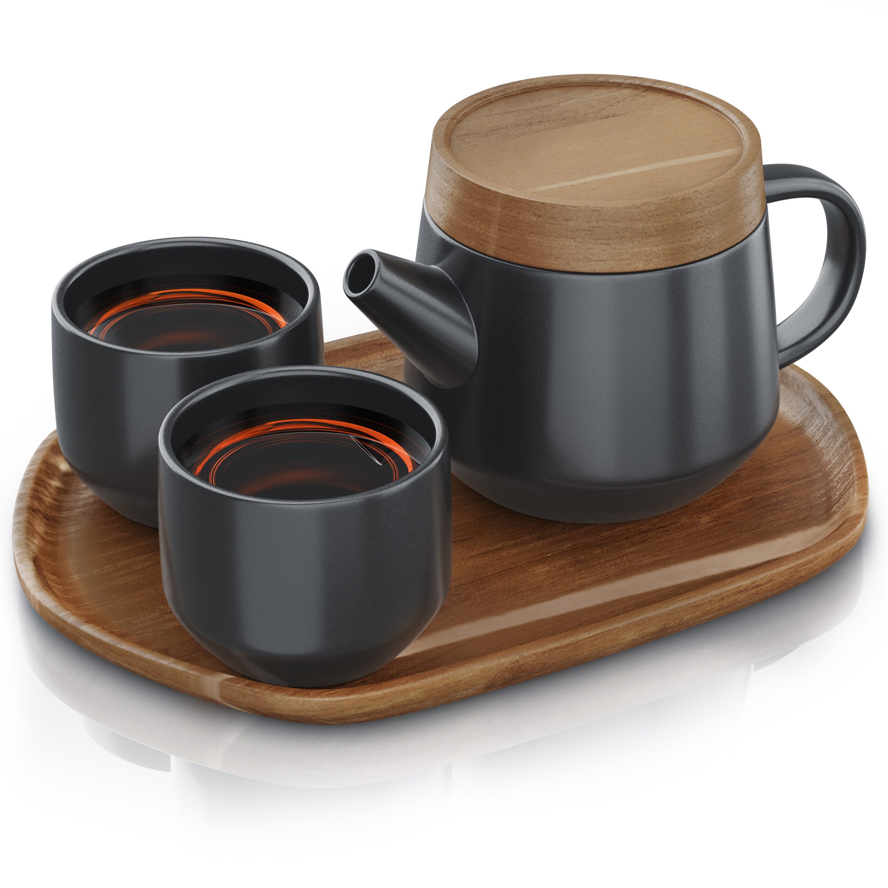 Arendo Teeservice Keramik Teekannen Set 0,6 L, modernes japanisches Design mit Teesieb (5-tlg), 2 Personen, Porzellan / Keramik, Porzellan, Teekanne mit Deckel Untersetzer 2 Teetassen & Tablett