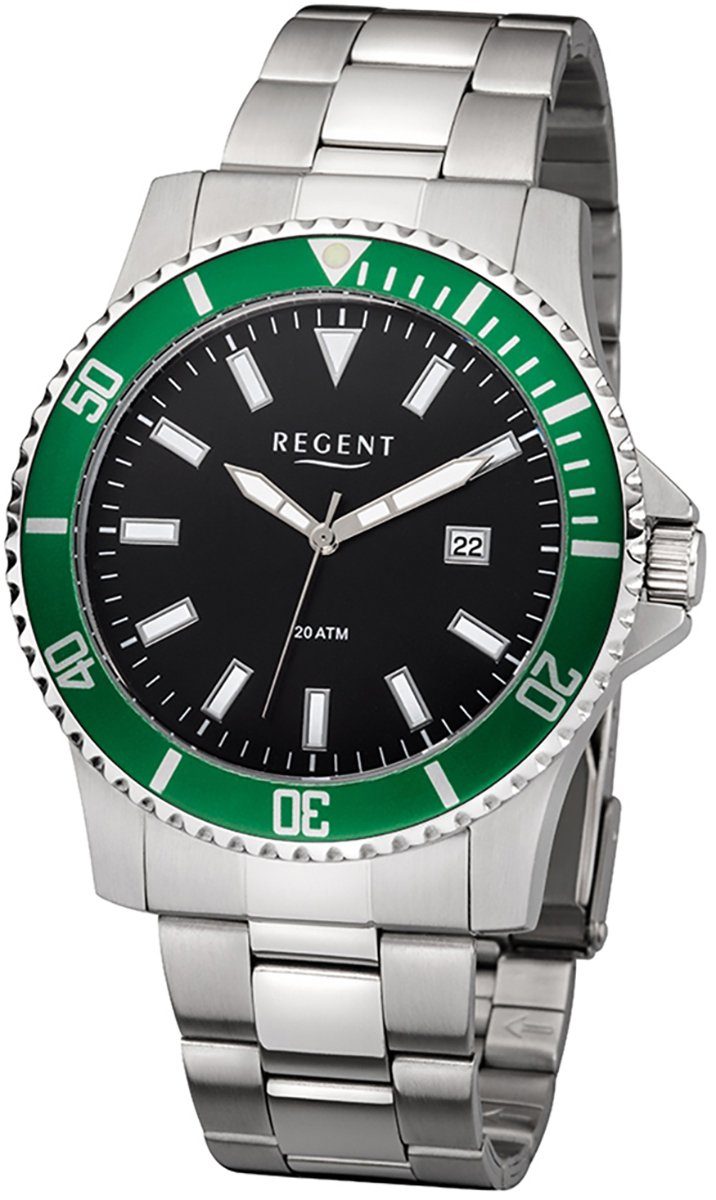 Regent Quarzuhr Regent Herren Uhr F-1184 Metall Armbanduhr, Herren Armbanduhr rund, groß (ca. 43mm), Metallarmband