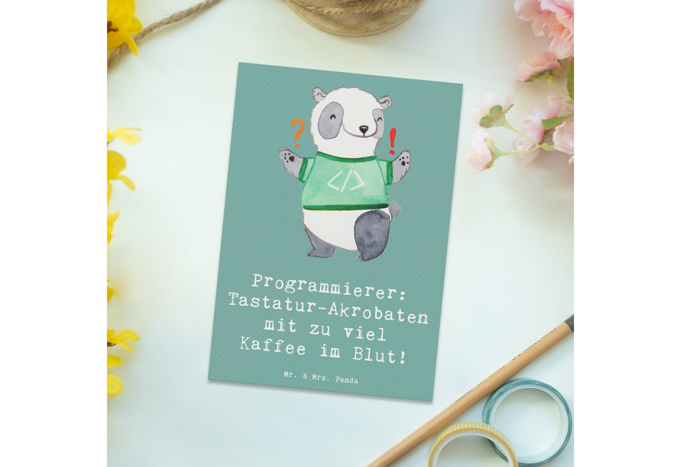 Thumbnail - Mr. & Mrs. Panda Postkarte Programmierer Kaffeeheld - Meeresbrise - Geschenk, Tastatur, Software