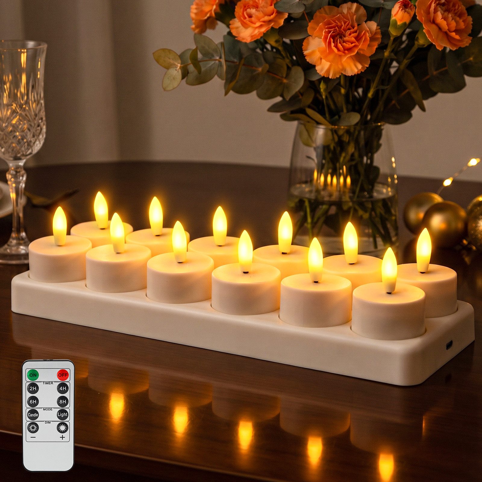 skelo LED-Teelichter LED 6/12er Teelichter Wiederaufladbar mit Fernbedienung Ladestation, led aufladbar, LED fest integriert, Warmes Licht, mit Timer (2/4/6/8H) für Halloween Weihnachten Tisch Party Deko