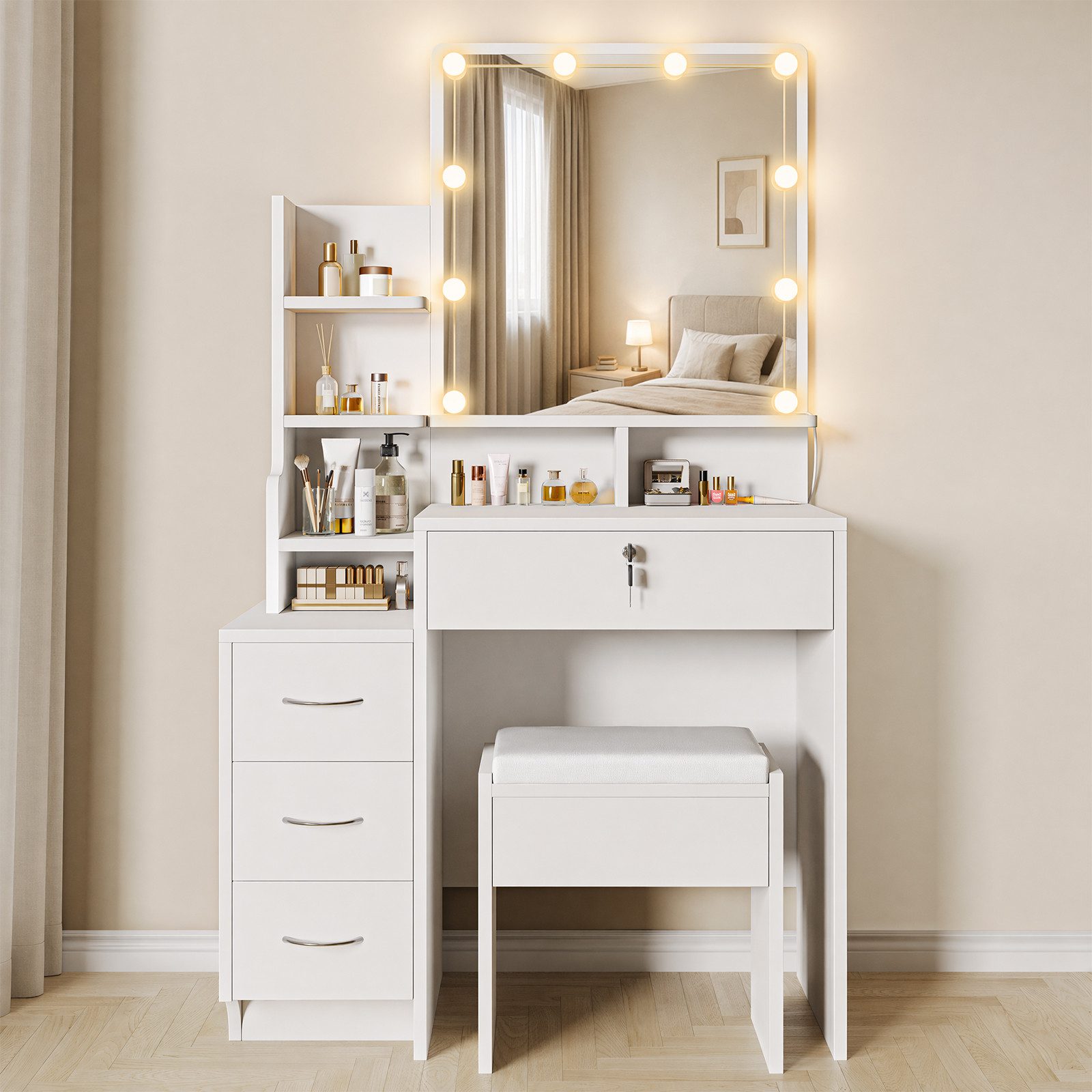 Dripex Schminktisch Weiß mit LED und Hocker, 4 Schubladen 10 dimmbare LED-Glühbirnen (144Hx40Tx87B cm)