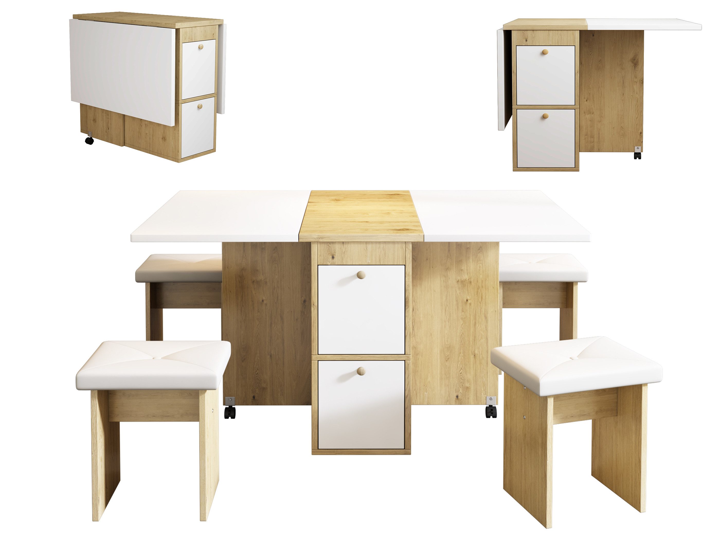 SeedWave Essgruppe 5 Teiliges Esstisch-Set mit 4 Hockern, Klapptisch mit 2 Schubladen, 33-120cm Platzsparender Küchentisch mit feststellbare Rollen