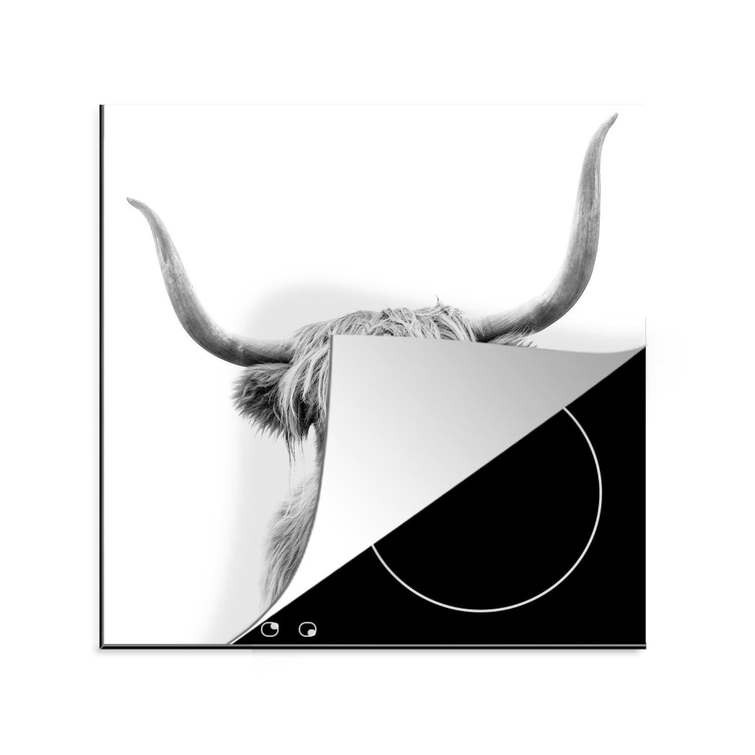 MuchoWow Herdblende-/Abdeckplatte Scottish Highlander - Tier - Schwarz - Weiß, Vinyl, (1 tlg), 78x78 cm, Ceranfeldabdeckung, Arbeitsplatte für küche