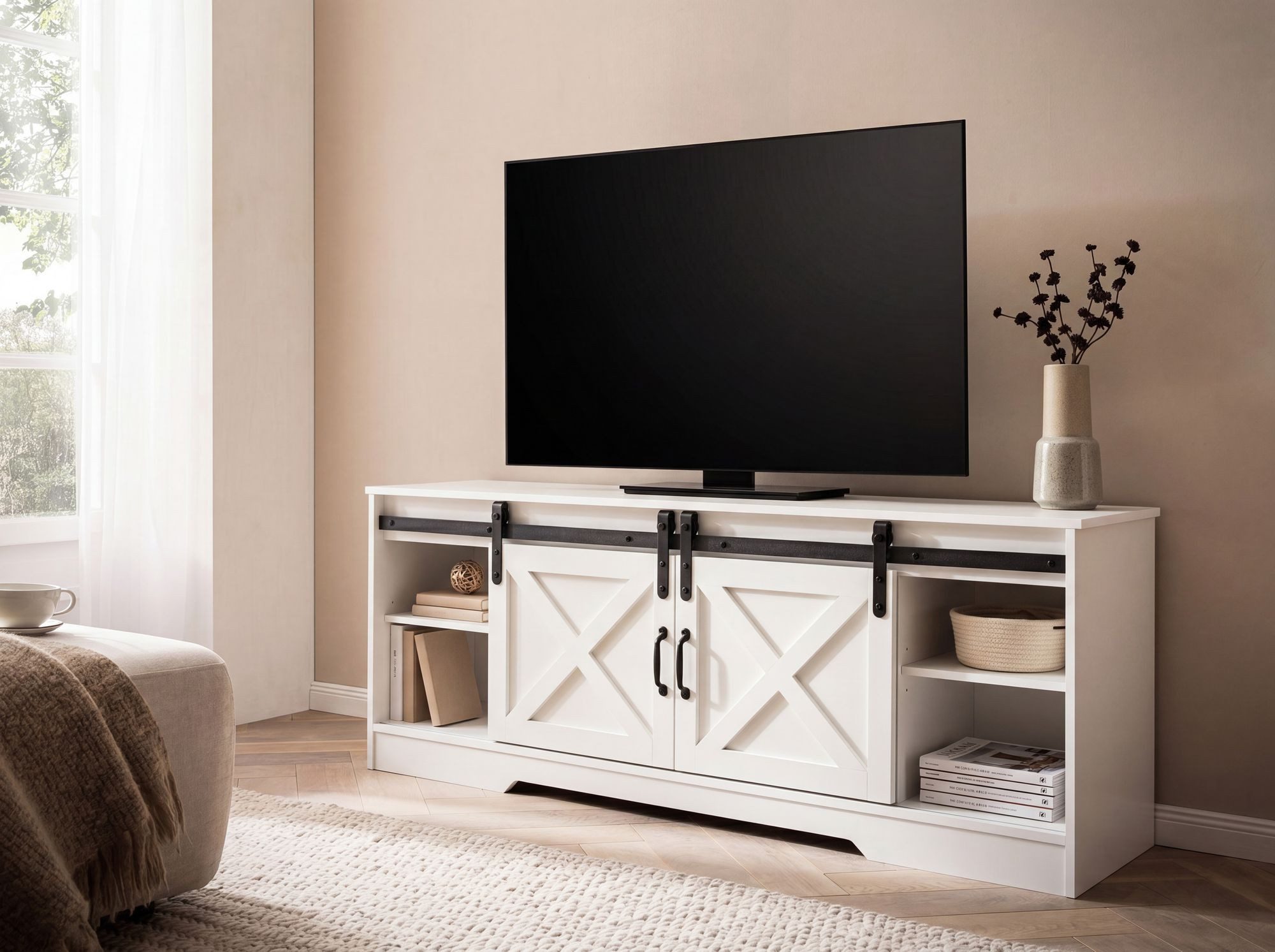 FINEBUY Lowboard FB108773 Fernsehkommode 150 cm TV Schrank Fernsehschrank Weiß Landhaus (Fernsehtisch, TV-Schrank Modern, TV-Kommode Hoch), Weiß 150x59,5x39,5 cm mit zwei Türen, Landhaus