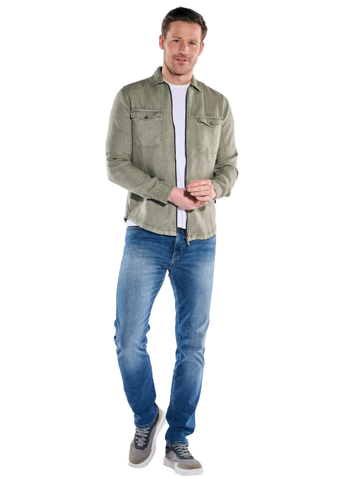Engbers Langarmhemd Herren Leinen Overshirt mit Zipper, Oliv