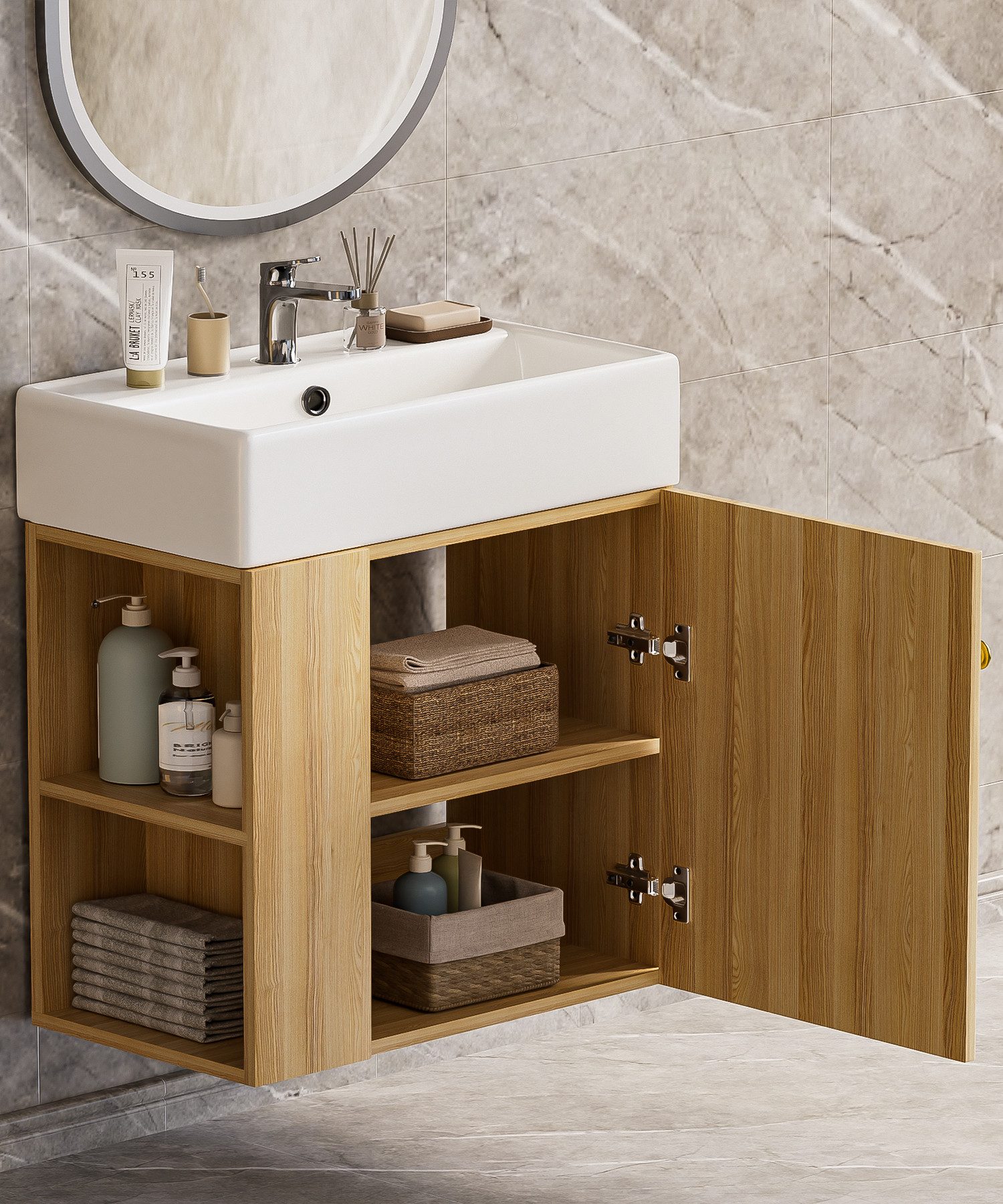 Yorbay Waschtisch Badmöbel Waschtischunterschrank (Breite 55 cm, Badschrank mit Waschbecken), Waschbecken mit Waschtisch für kleine Badezimmer – Bild 2 von 5