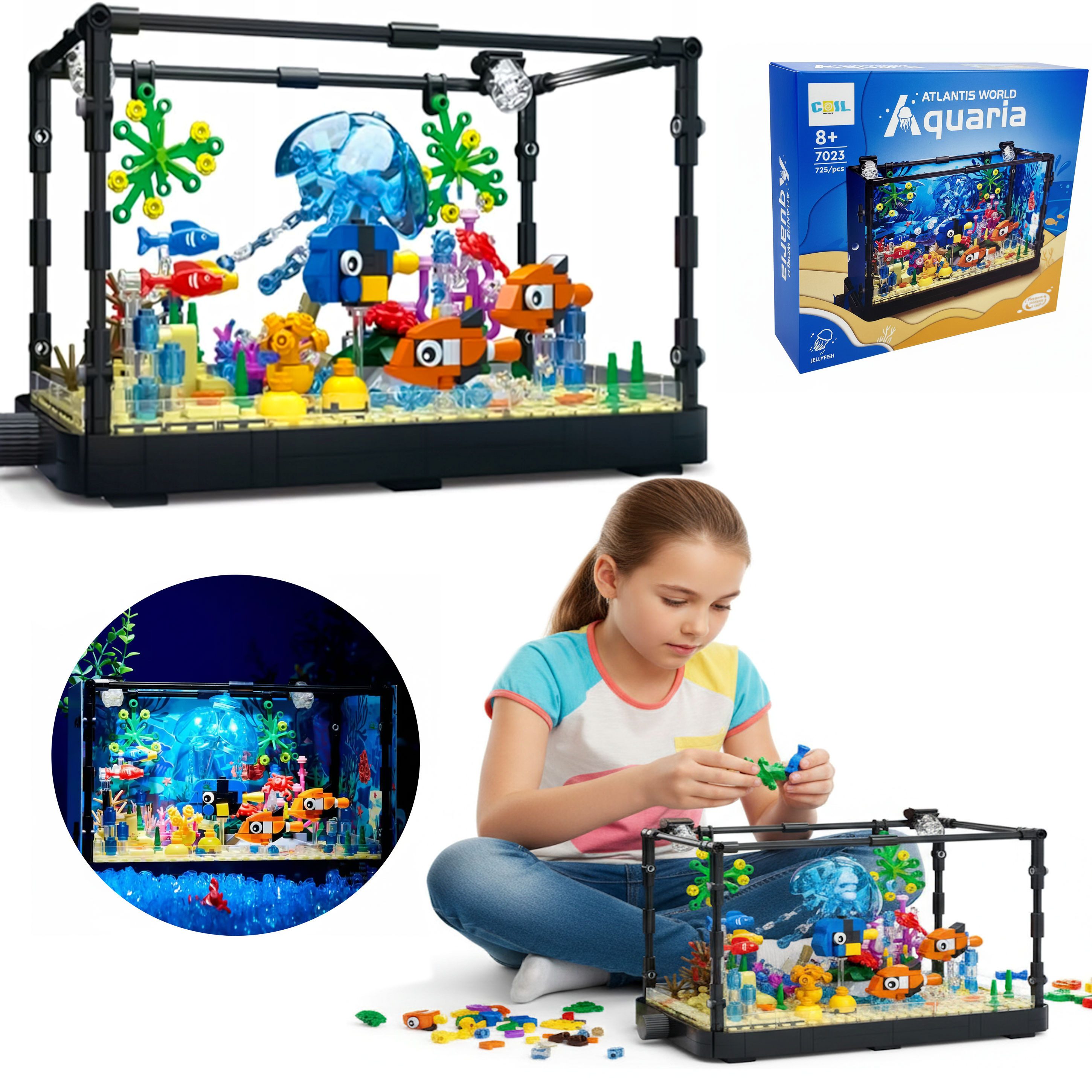 COIL Bausteinset, Spielzeugbausteine, Konstruktionsset Spielbauklötze, (Set, 725 St., Aquarium aus Bausteinen), Hai, Qualle, Schildkröte, Delphin, Raumdekoration, Klemmblöcke