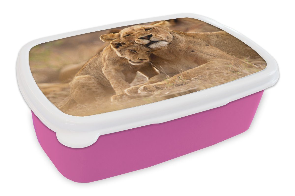 MuchoWow Lunchbox Löwe - Wilde Tiere - Jungtier, Kunststoff, (2-tlg), Brotbox für Erwachsene, Brotdose Kinder, Snackbox, Mädchen, Kunststoff rosa