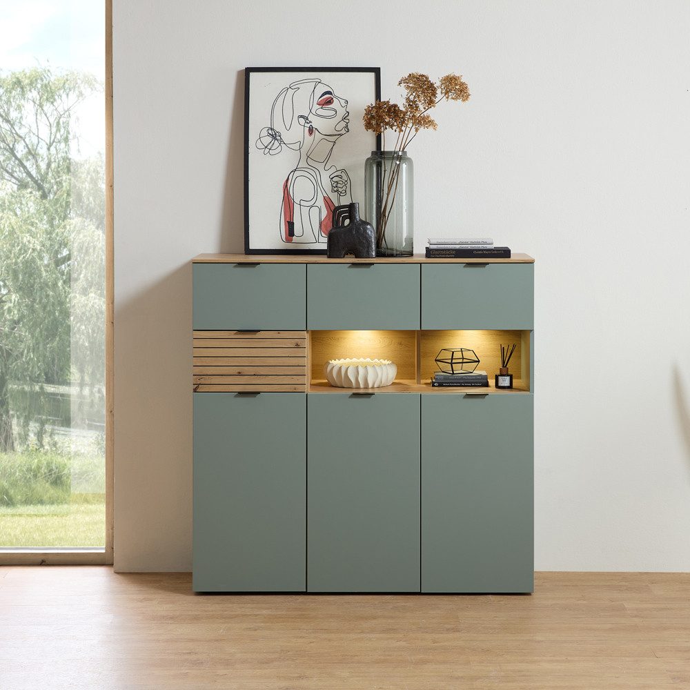 Lomadox Highboard ISCHIA-36, inkl. LED Beleuchtung, Grün mit Eiche, 125 cm breit, Softclose