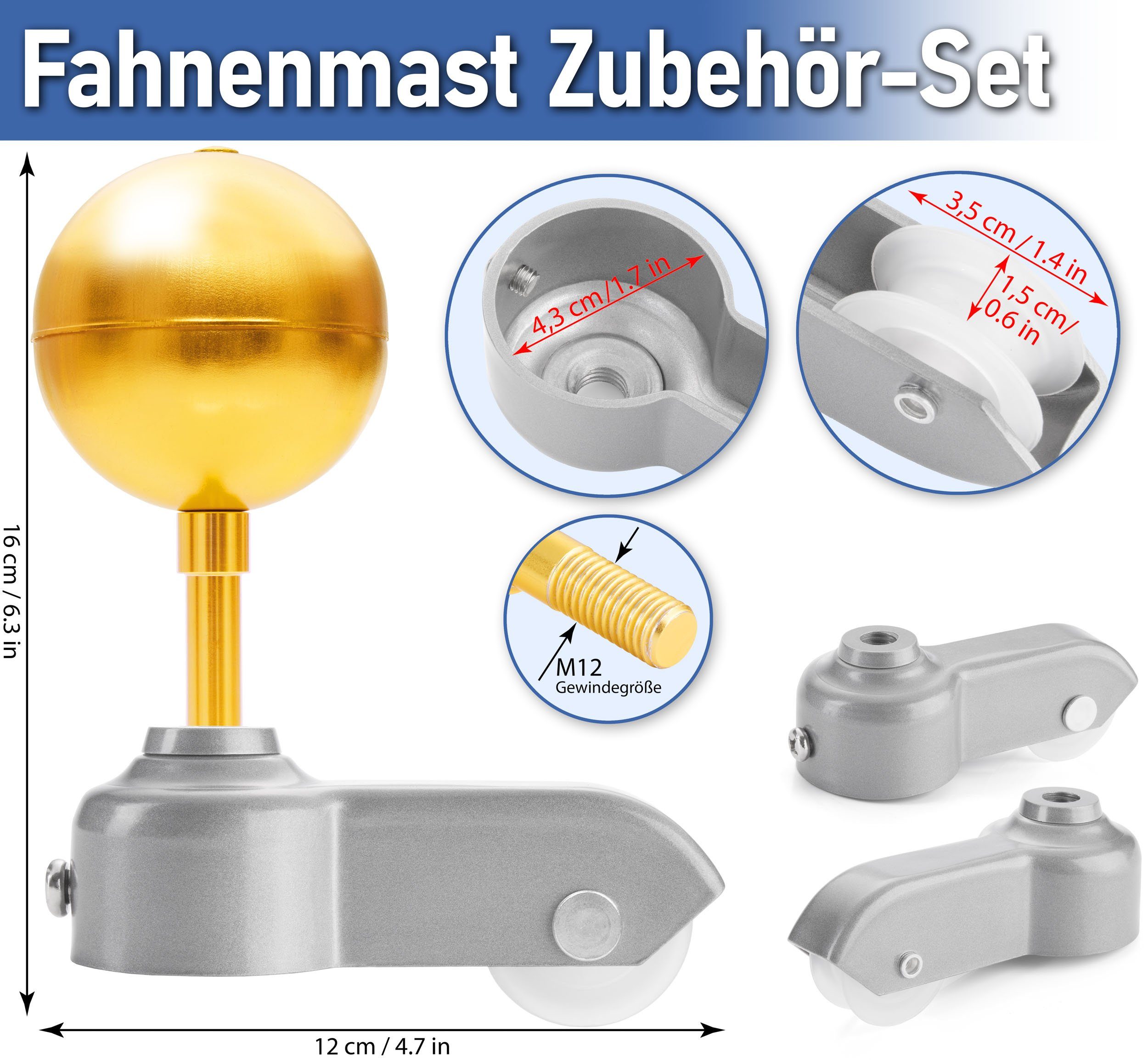 BRUBAKER Fahnenmast Reparaturset - Zubehör Set - Ersatzteile für Flaggenmast, (Für Fahnenmast mit 4,3 cm), Kugelspitze Gold, Seil, Karabiner, Klampe, Topper + Rolle, Schrauben