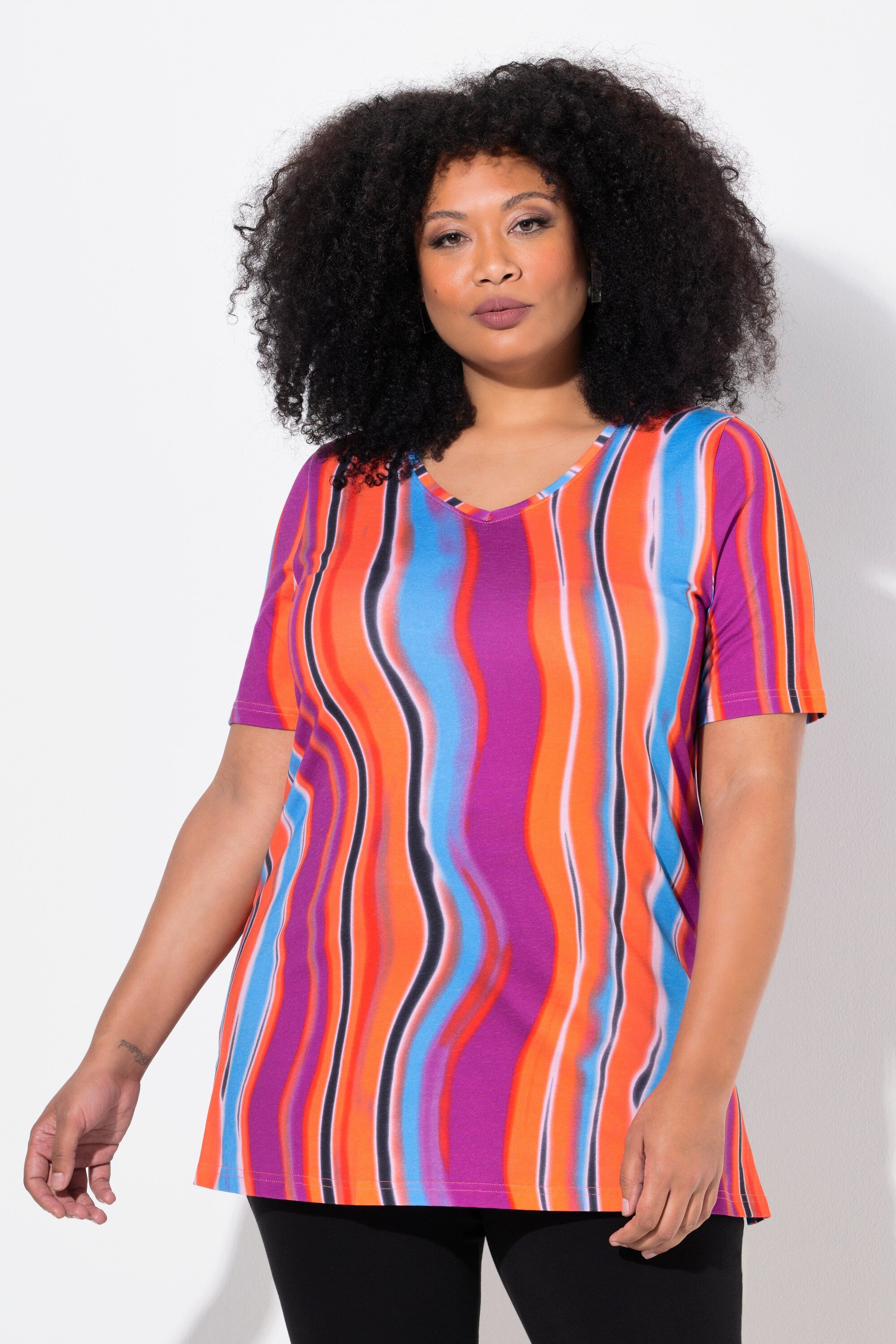 Ulla Popken Longshirt Longshirt A-Linie V-Ausschnitt Halbarm