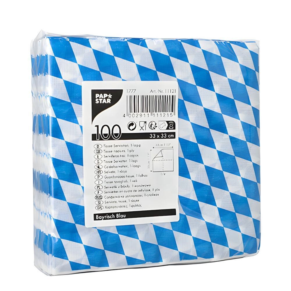 PAPSTAR Papierserviette Servietten, 1-lagig 1/4-Falz 33 cm x 33 cm Bayrisch Blau 100 Stk
