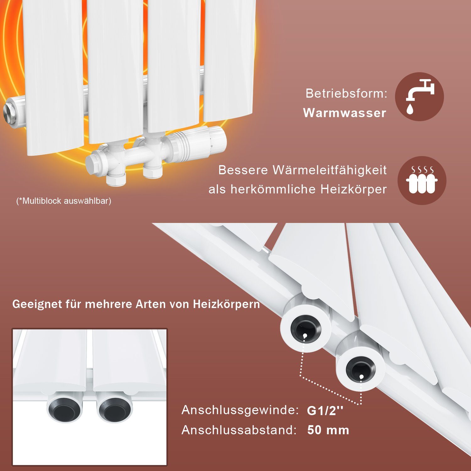 SONNI Designheizkörper Design Heizkörper Flach Weiß Doppellagig 630x850mm Horizontal, Heizungsbereich 15~21m², Seitenanschluss oder Mittelanschluss