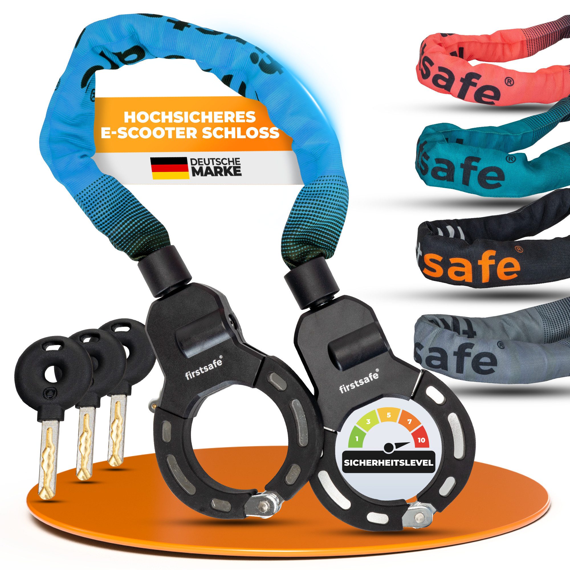 firstsafe Kettenschloss Handschellenschloss für E Scooter Schloss und Fahrrad 90 cm, 360° drehbar, Silikonbeschichtung, 8 mm Stahlkette